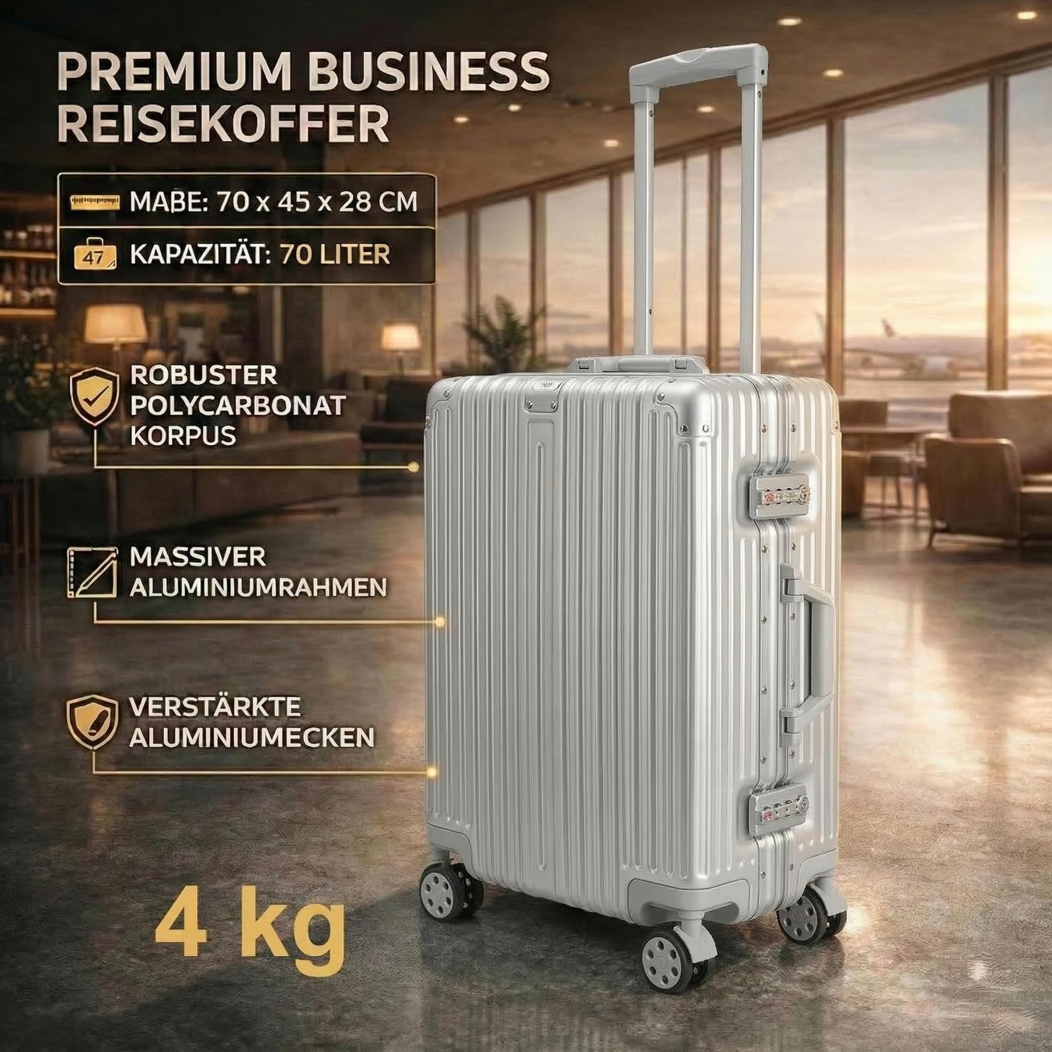 POSH Valigia - Custodia rigida in policarbonato con telaio in alluminio - Valigia da viaggio in alluminio: bagaglio a mano, misura media, grande - trolley con doppie serrature TSA e 3 custodie