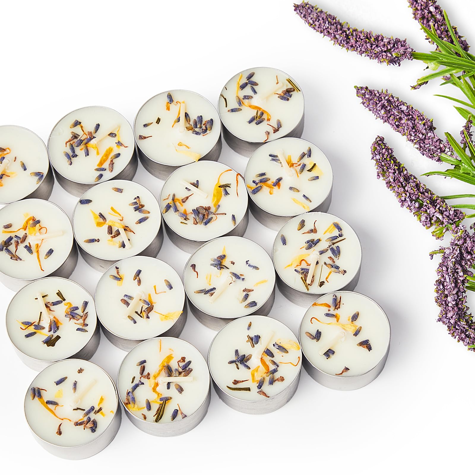Crenovo Velas de té con flores de lavanda secas, velas perfumadas de soja, velas de té de 6 a 7 horas a granel para bodas, 8 velas pequeñas para el hogar, spa
