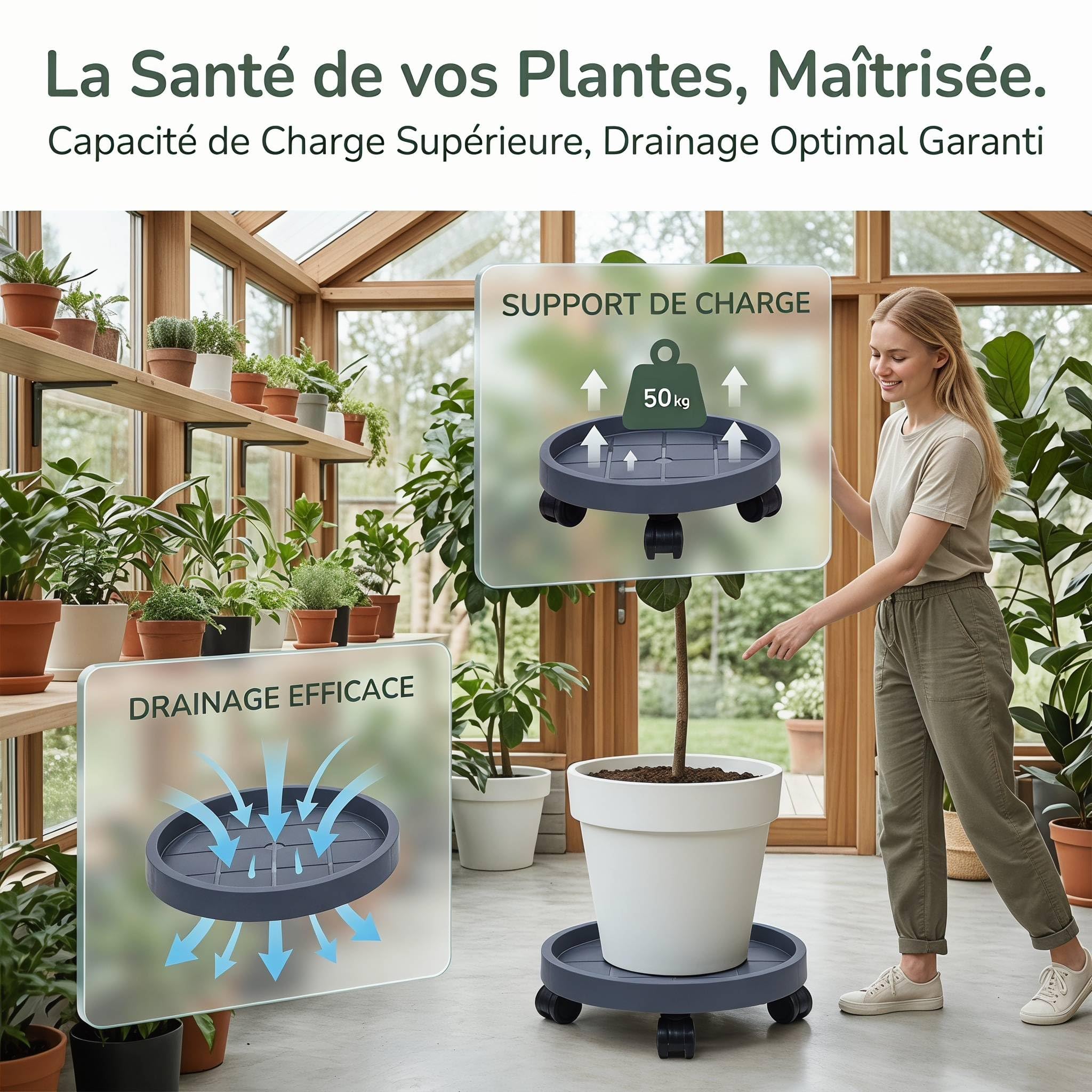 Baoblaze Support pour Plante avec roulettes, Chariot de Déplacement de Pots de Fleurs, Base Drainante, Support en Palette pour Plantes d'Intérieur et Arbres en Pot, Diamètre 30 Cm