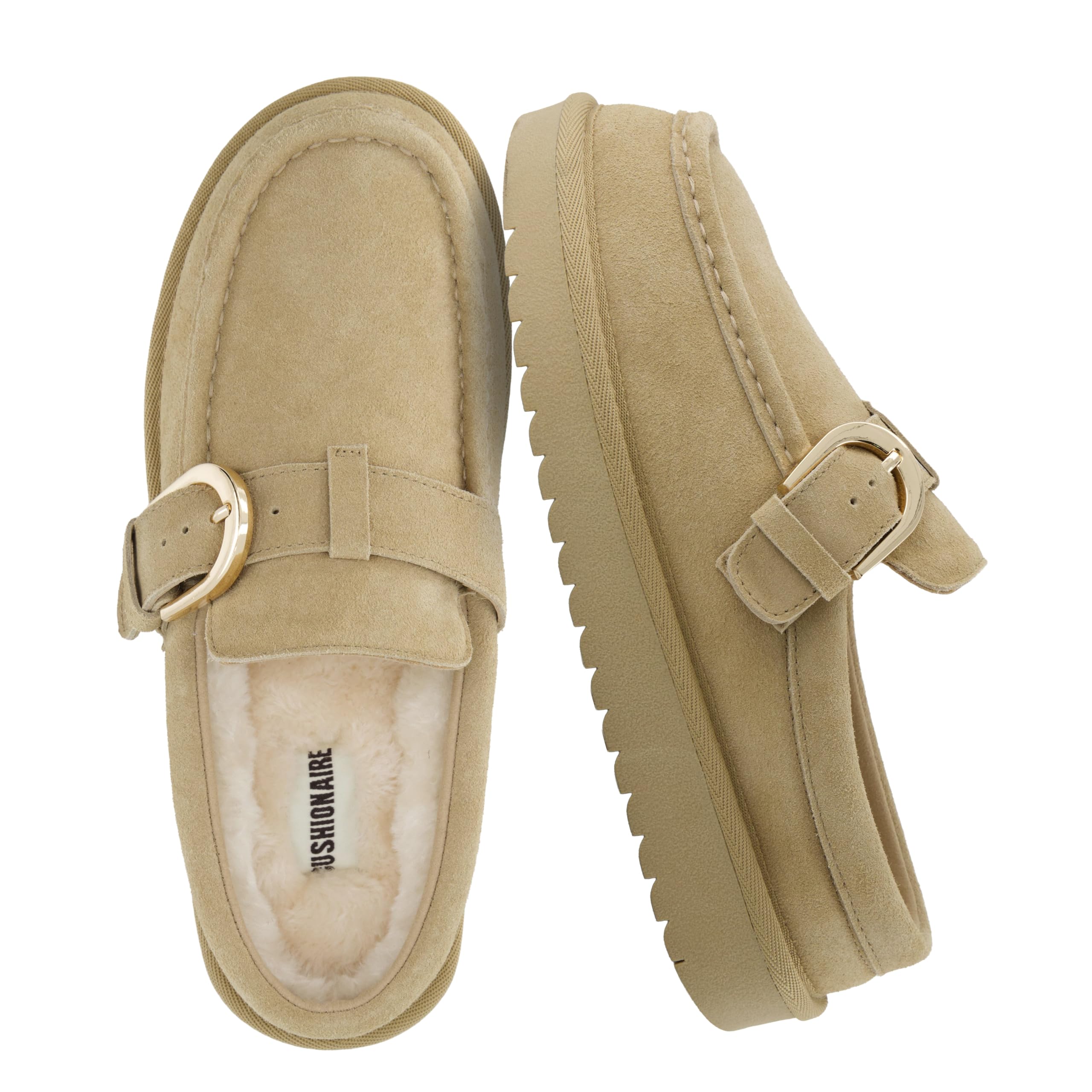 CUSHIONAIRE Origin Genuine Suede Mule Clogs for Women, Cozy Slip-On Moc Toe Loafer with Buckle and Faux Fur Cushioned Footbed