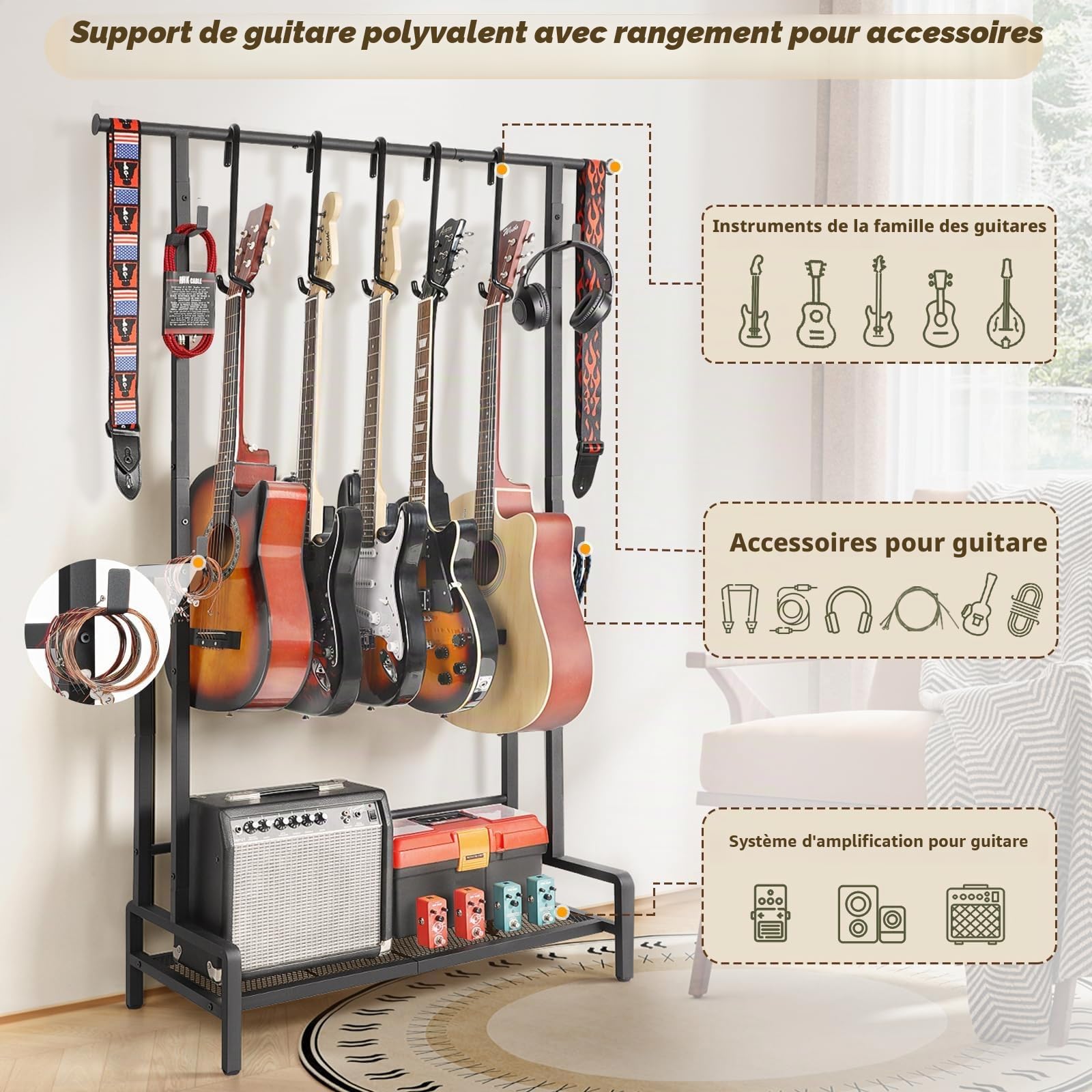 Bikoney Support Guitare Sol pour 5 Guitares, Porte-Guitares Réglable pour Guitare Acoustique, Électrique, Basse & Ukulélé, Rack Guitare Robuste avec Étagère pour Ampli & Crochets Accessoires