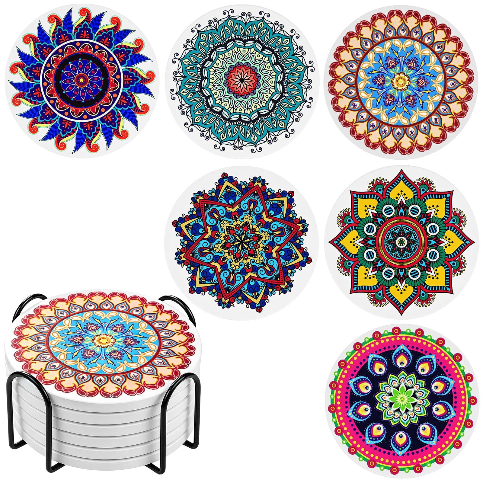 Mandala Coasters Set of 6, Ceramic Round Drink Coasters with Holder Absorbent Drink Coaster Set with Non-slip Cork Base & Ceramic Stone Cup Pad for Cups Mug Wine Glass Home Kitchen & Bar