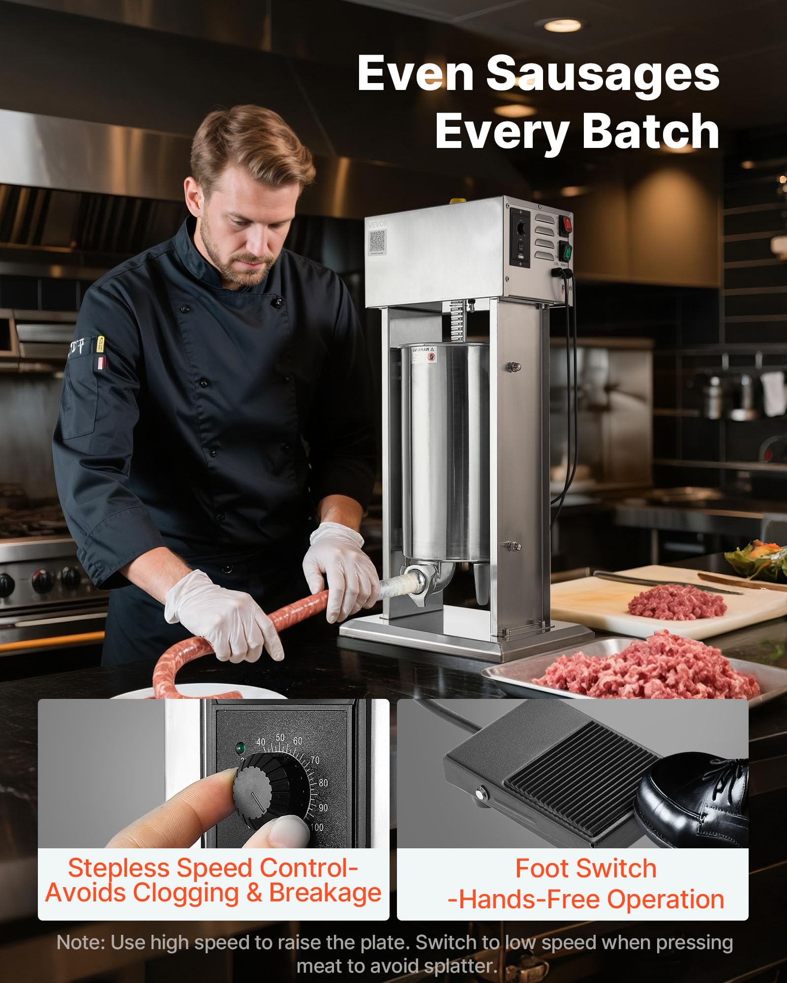 VEVOR Insaccatrice Elettrica per Salsicce, Insaccatrice Verticale per Carne da 35 L, Controllo della Velocità Continuo e Pedale, in Acciaio Inox con 4 Tubi di Insacco, per Uso Commerciale e Domestico