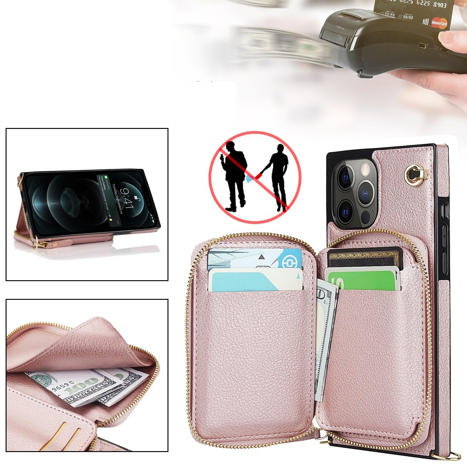 Generisch Etui do iPhone 16/16Plus/16Pro / 16Pro Max, etui z klapką na karty, odporne na upadki, regulowany pasek na ramię, etui ochronne (czarne, 16)