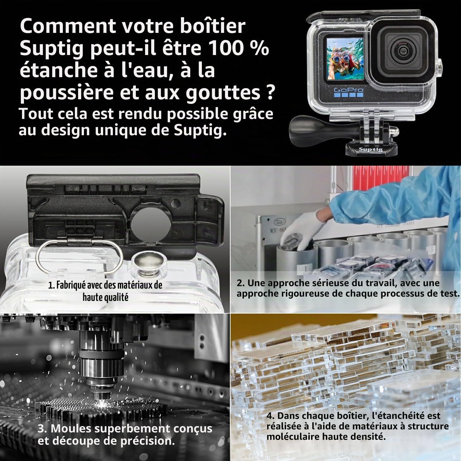 Suptig Boîtier étanche Boîtier de Protection Boîtier de plongée sous-Marine pour GoPro Hero 13 Hero 12,11,10,9 Étanche 60 m