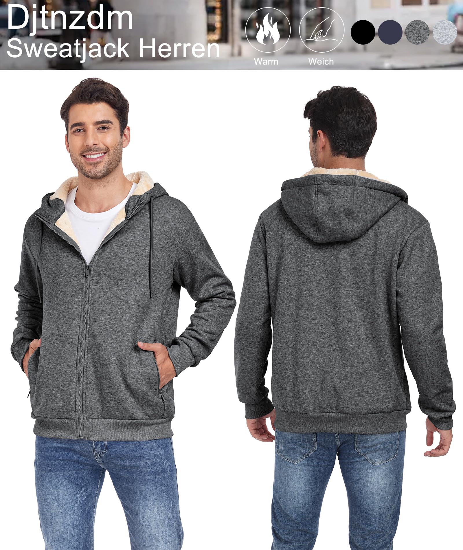 Sudadera Polar Hombre con Capucha Cremallera Hoodie Invierno Vello Caldo Zip Sweatshirt Capucha Hombre Térmica Chaqueta Polar con Bolsillo (Loose Fit)
