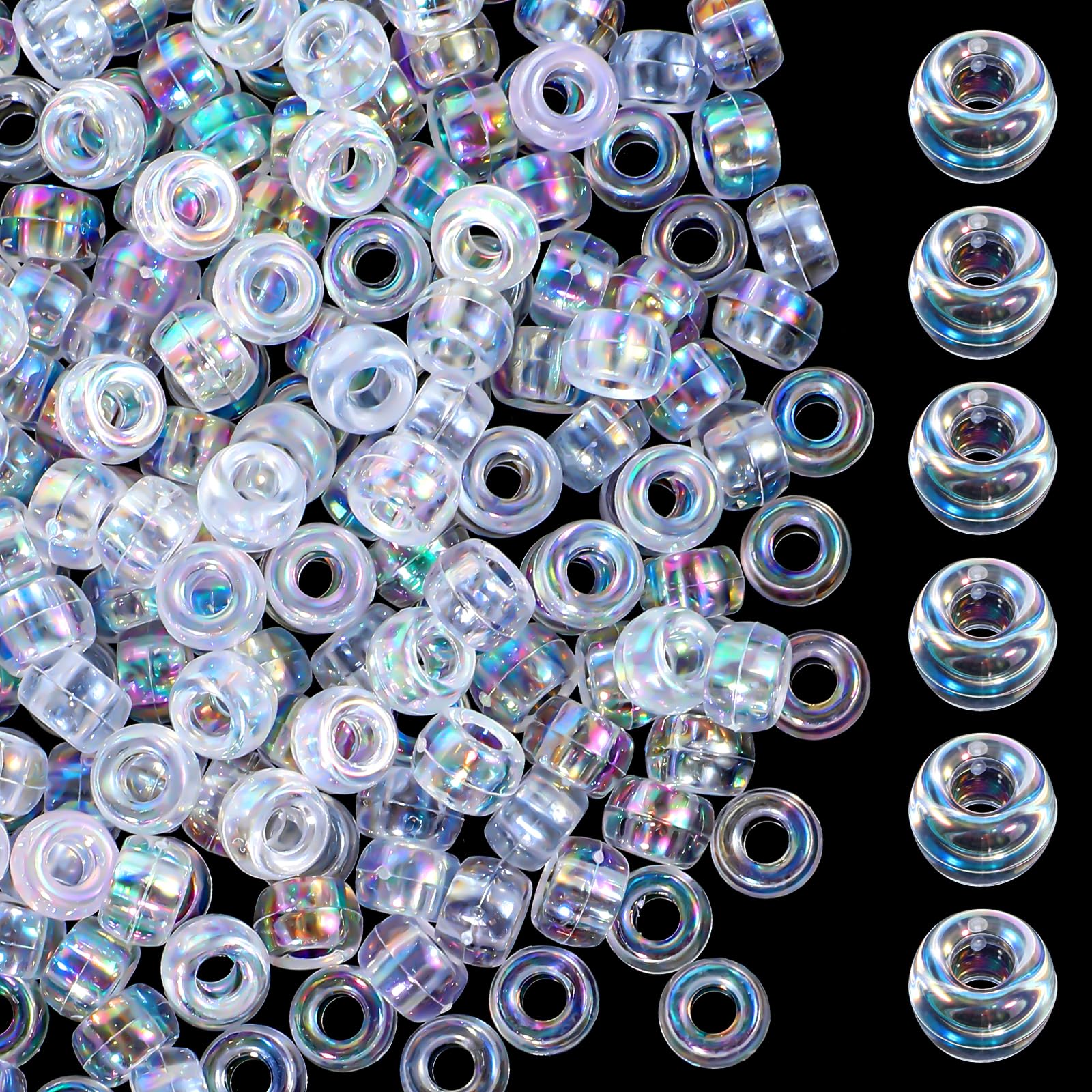 350PCS AB Colors Pony Beads, AB Color Acrylic Spacer Beads, Clear-AB Color Round Spacer Bead, Clear Plastic Barrel Pony Bead for DIY Crafts, Braids, Bracelet, Jewelry Making, Earring, Necklace (6x9mm)