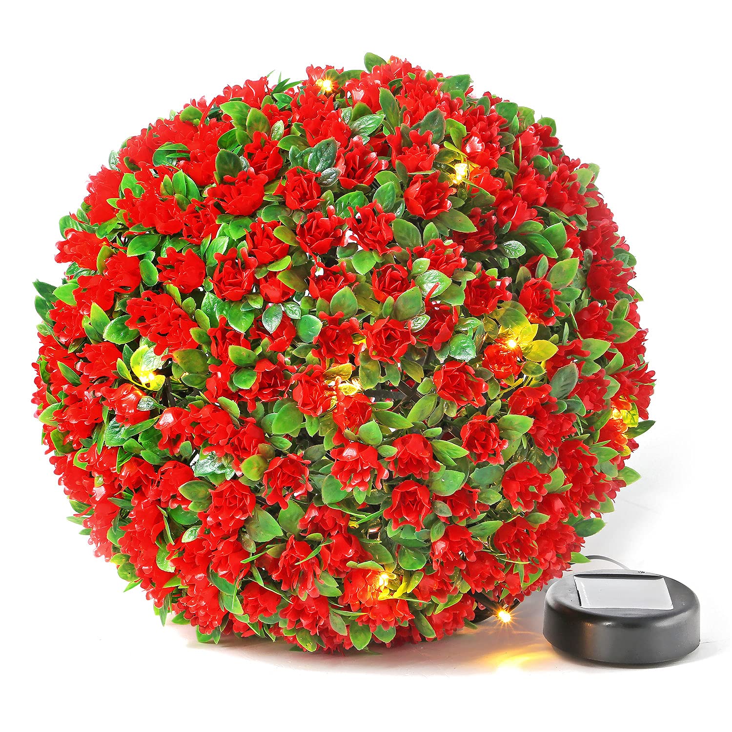 28cm Red Topiary Balls with 20 Solar LED Lights, Hanging Topiary Ball Lights Sphere Decorative for Wedding Artificial Plant, Backyard Balcony Garden Décor