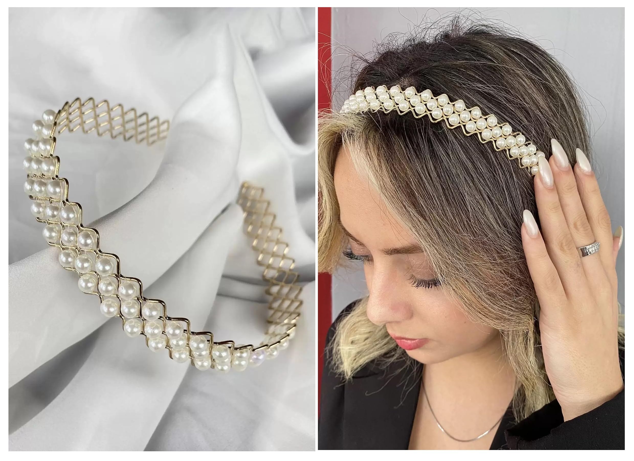 Graceful White Pearl Beads Metal Decoration Hair Band for Kids, Girls and Women/Beautiful Metal White Pearl Headband for Women (Pack of 1) (White, Thick Band)-image-33