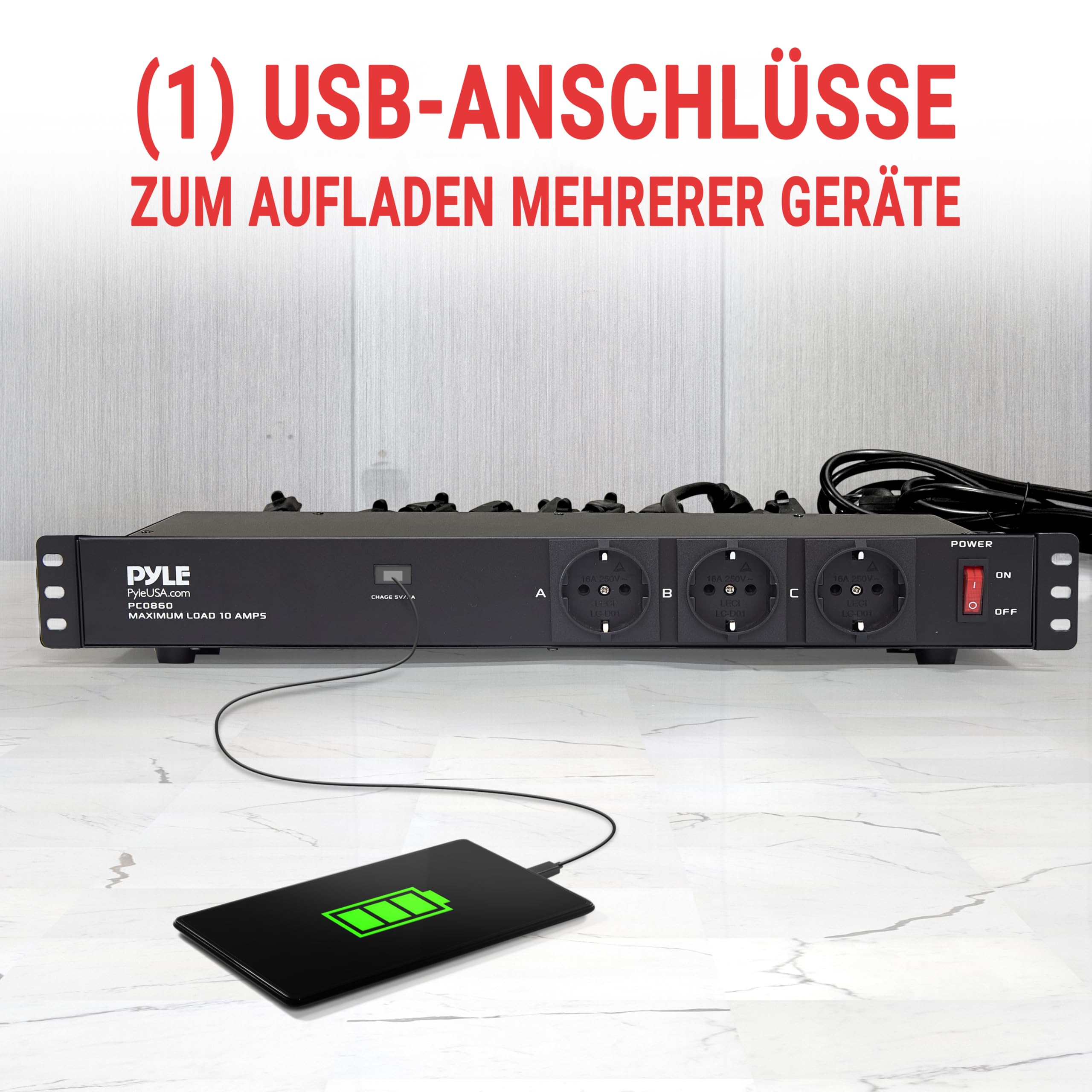Pyle Steckdosenleiste, 15 Fach- Mehrfachsteckdose, 1U 19 Zoll Rack-Montage in Netzwerkschrank, USB Anschluss, 3,5m Kabel, Schaltbarer Verteilerleiste für Studio, Bühne, Werkstatt