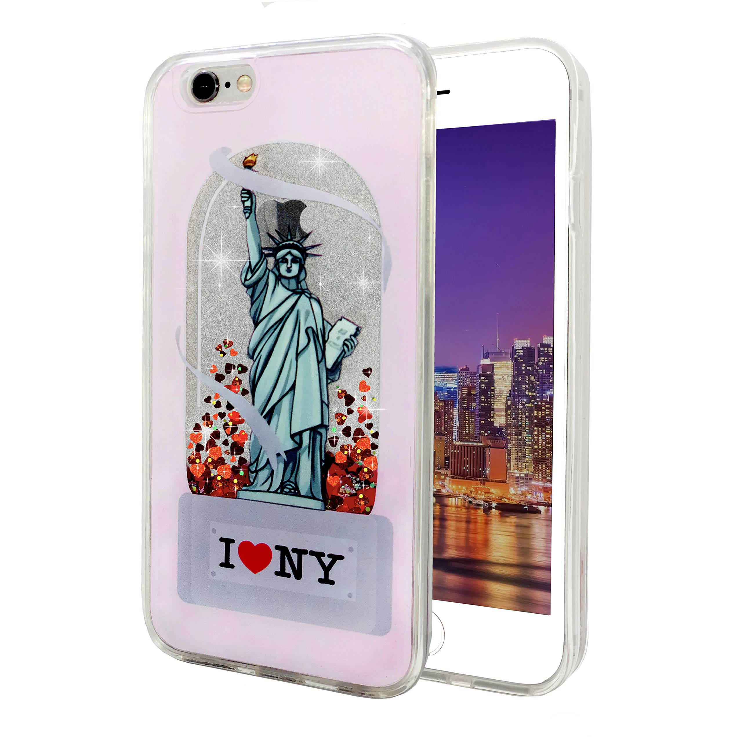 Lily Angela Quicksand Collection for Girls and Women I Love New York City with Statue of Liberty and Liquid Glitter Hearts Plastic Case Compatible with iPhone X/XS iPhone, Pink (iPhone X)