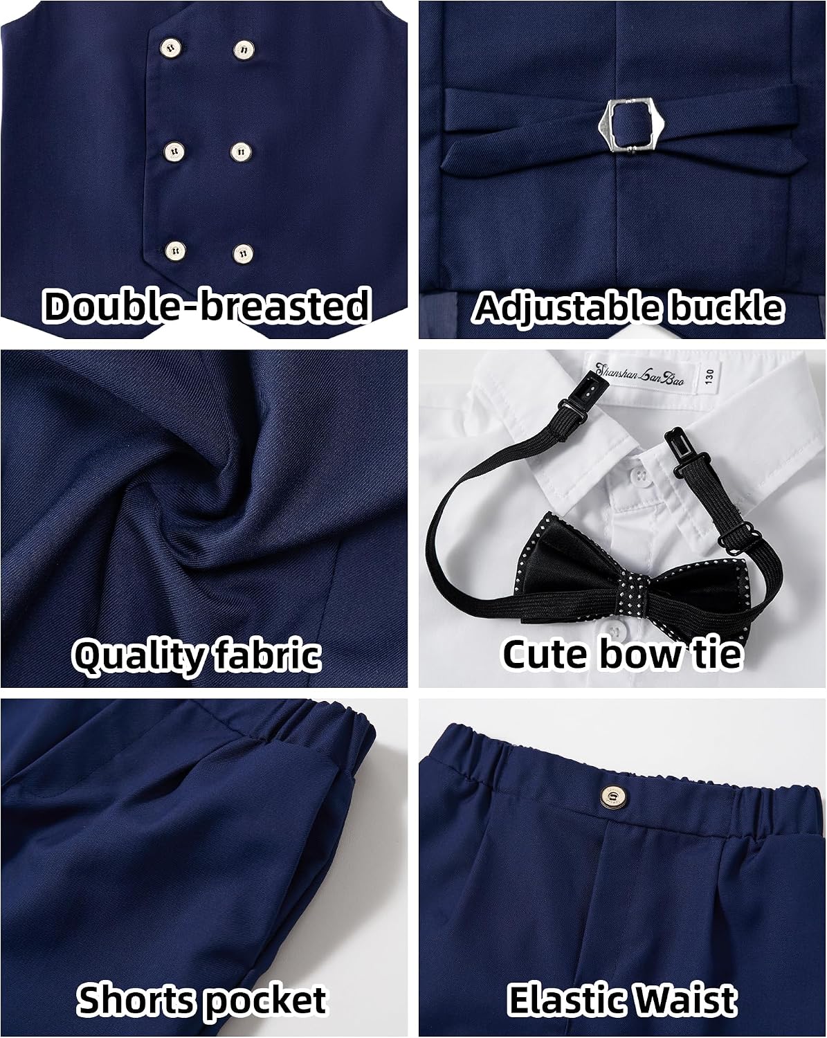 LOLANTA 4Pcs Summer Boys Suit, Kids Dress Clothes Shirt Vest Shorts Bow Tie, Waistcoat Tuxedo Wedding Ring Bearer Outfit