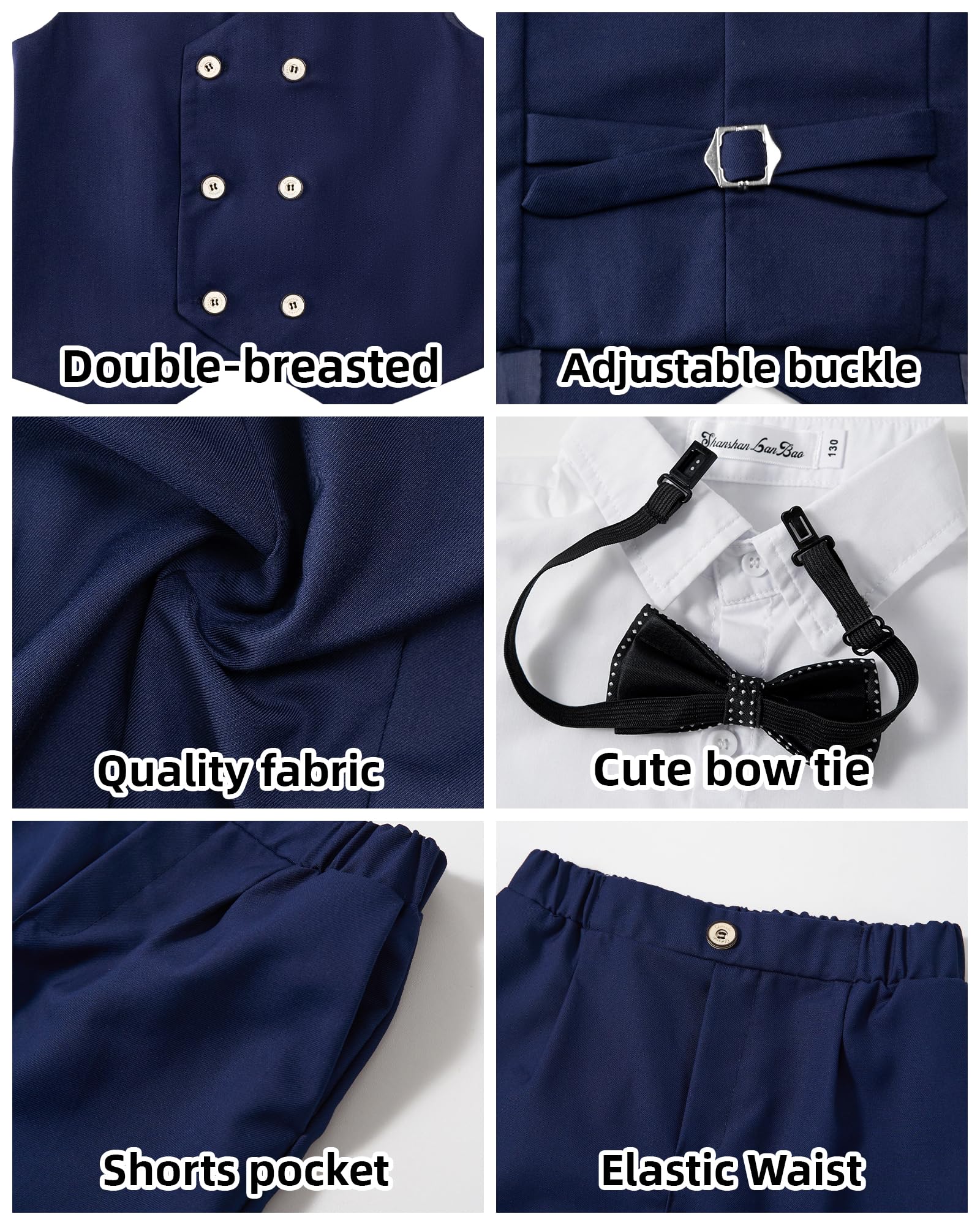 LOLANTA Traje de verano para niños, ropa de vestir para niños, camisa, chaleco, pantalones cortos, pajarita, chaleco, esmoquin, traje de portador de anillos de boda