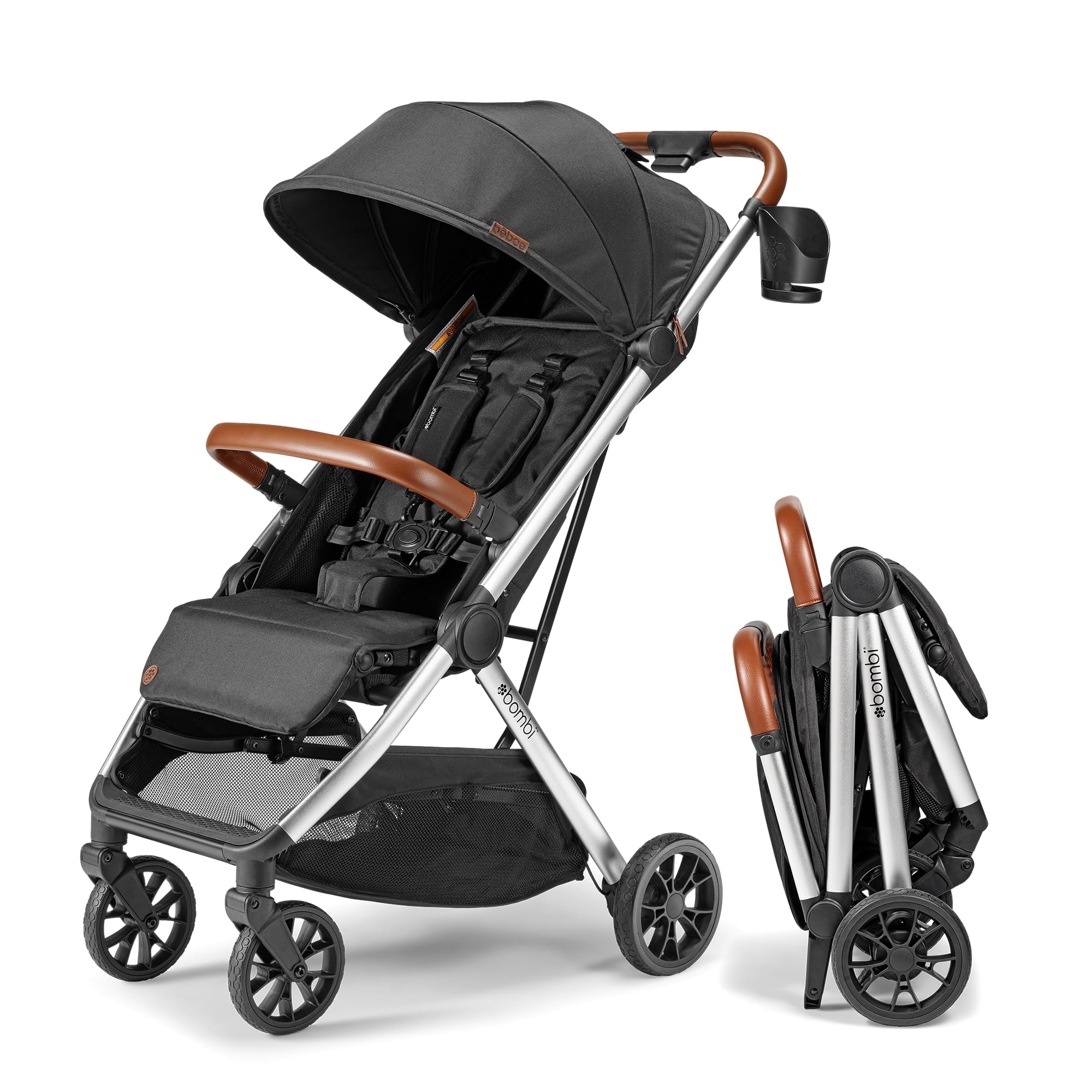 Bombi B?bee V2 Lightweight Baby Stroller - Premium Vegan Leather, One-Hand Fold, Infinite Recline, Aircraft-Grade Aluminum Frame, XXL Canopy, and Ample Storage Umbrella Stroller - Midnight Black