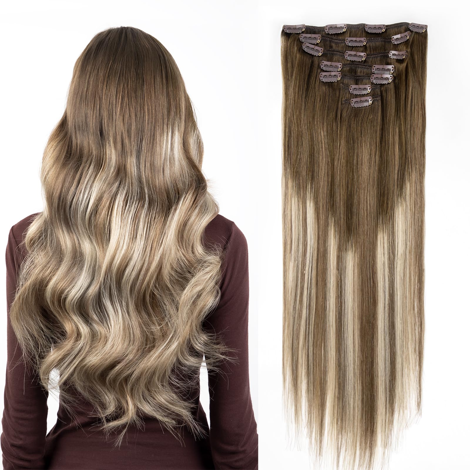 SOBEAUTY Hair Extensions Clip in, 100% Real Human Hair Extensions, 7 Pcs 120G Volume Invisible Clip in Human Hair Extensions