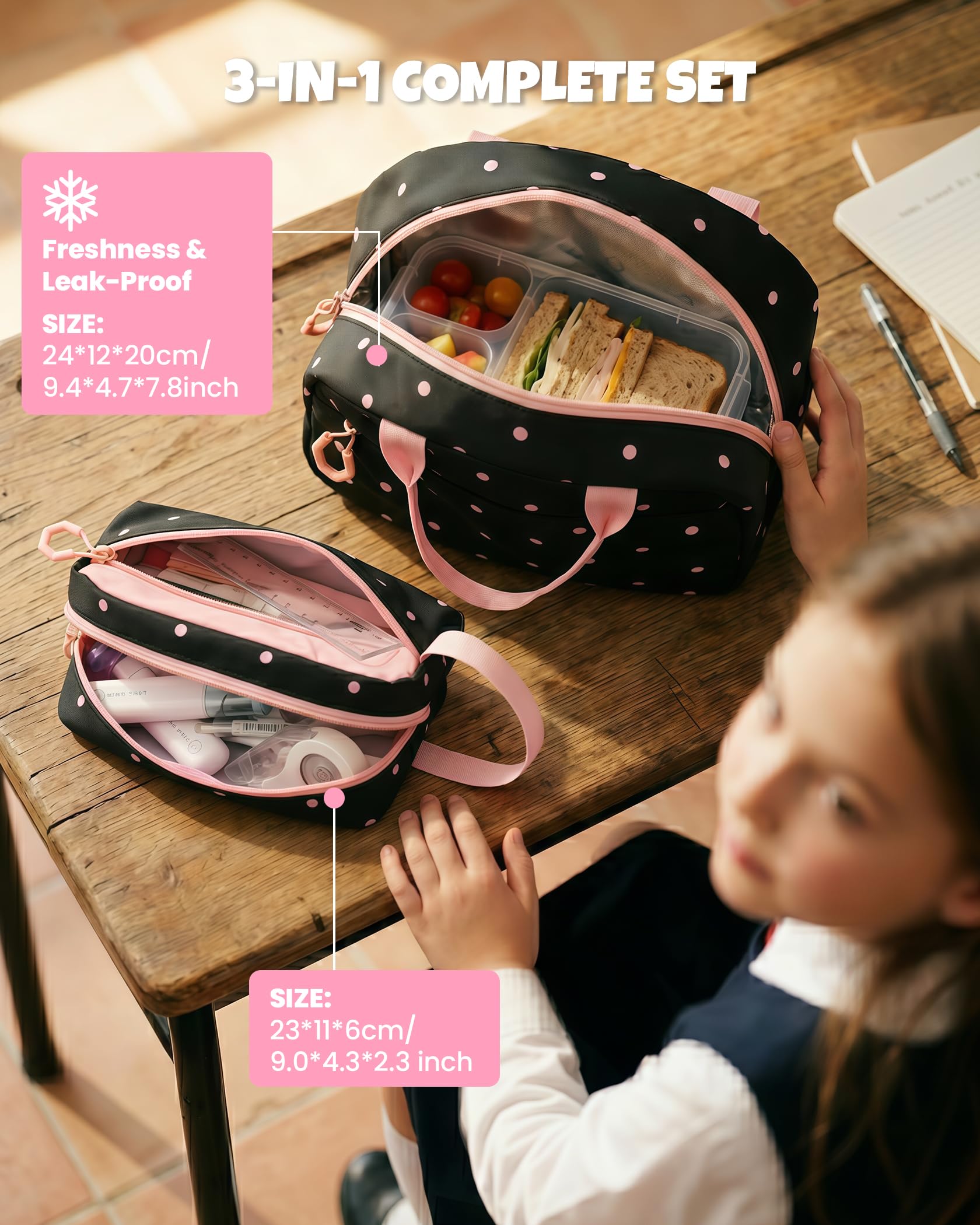 Amythe Mochila Escolar Niña 6-12 Años, 3 PIEZAS con Fiambrera y Estuche, Mochila Grande Impermeable y Antirrobo para Adolescentes con Tiras Reflectantes, Rosa