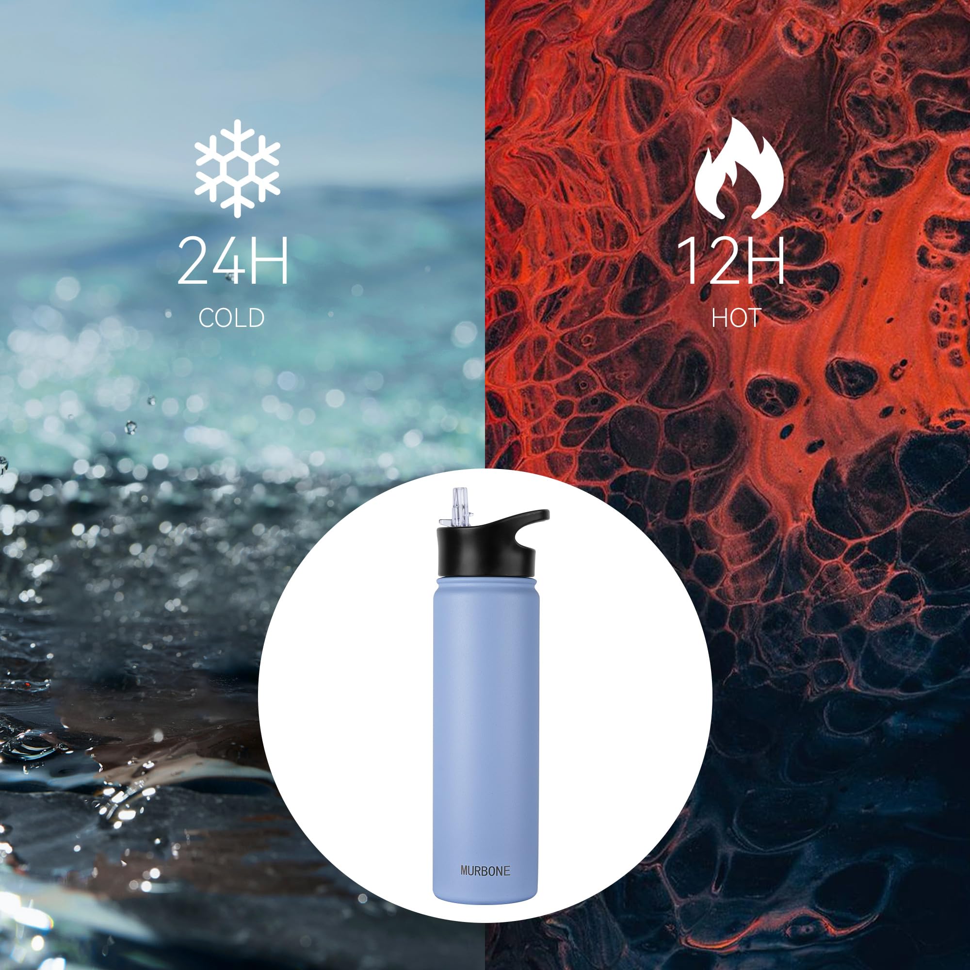 MURBONE Insulated Water Bottle, 750ml Stainless Steel Drink Flask with Straw, BPA Free, 2 Lids (Straw and Spout) - Image 2