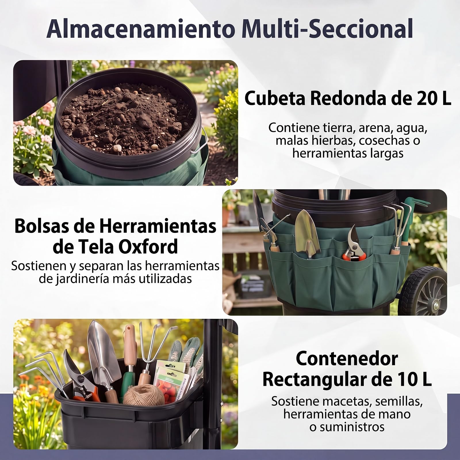 GYMAX Carro de Jardín para Herramientas, Carrito de Transporte con Ruedas, Cubo Redondo de 20 L, Cubo Rectangular de 5 L y Bolsa de Tela Oxford, Carretilla Portátil Porta Utensilios de Jardinería