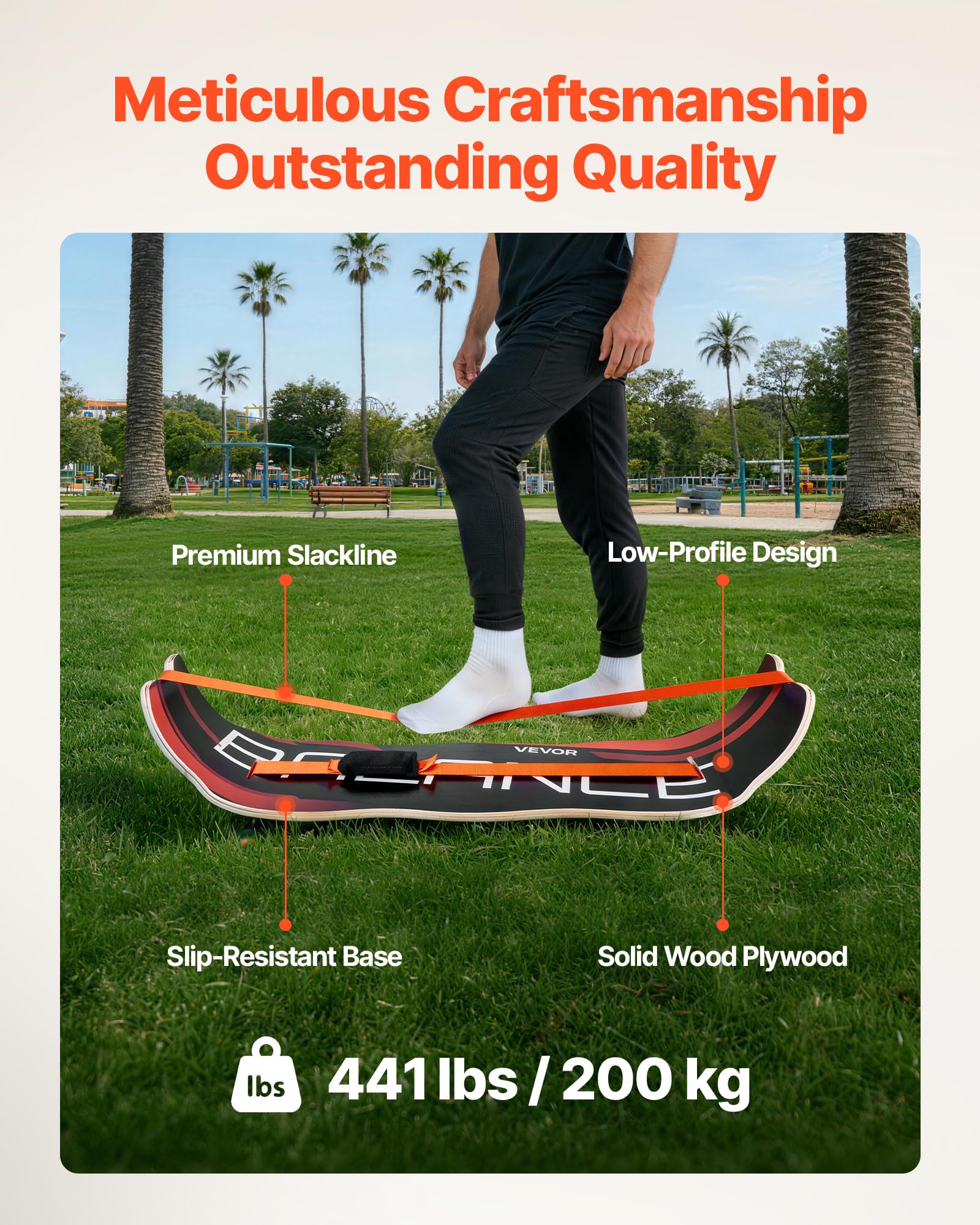 VEVOR Balance Board für Erwachsene (107 cm), Wackelbrett bis 200 kg Belastbar, Gebogenes Balance-Trainingsgerät mit Gurt für Core-Workouts Stehpultübungen Heim-Fitnessstudio Yoga, Orange Schwarz