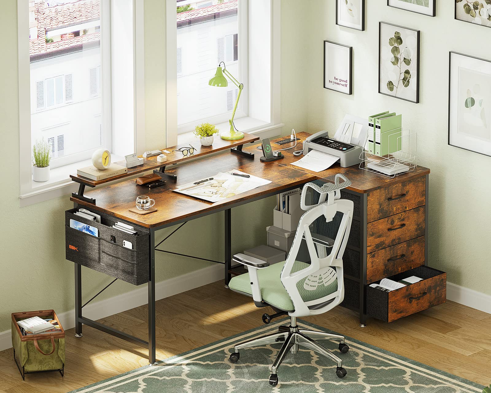 ODK 55 inch L Shaped Computer Desk with USB Charging Port & Power Outlet, L-Shaped Corner Desk with 4 Tier Drawer & Monitor Shelf for Home Office Workstation, Modern Style Writing Table, Vintage