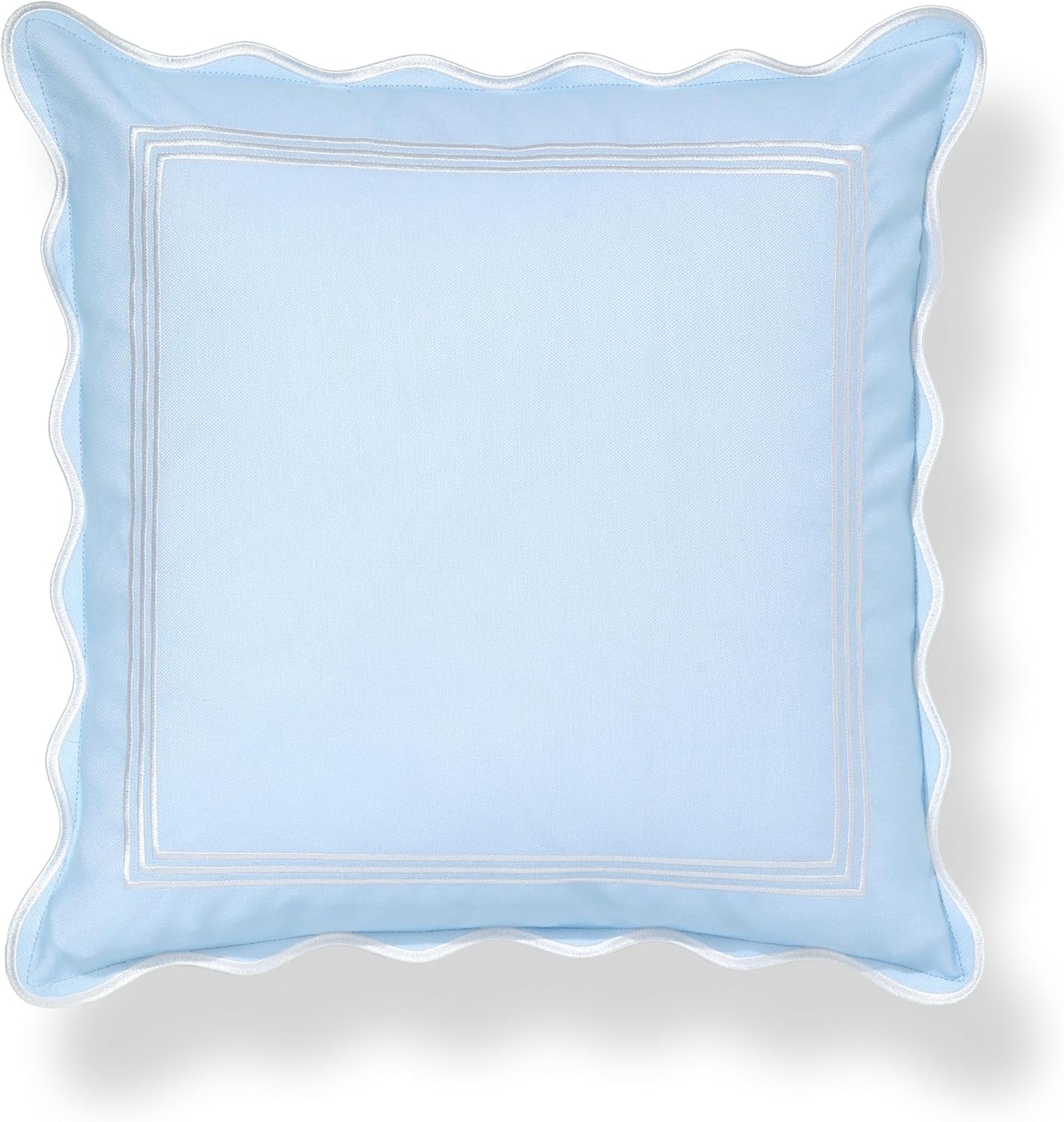 Hofdeco Premium Coastal Grandmillennial Scalloped Patio Indoor Outdoor Throw Pillow Cover Only, 20"x20" Water Repellent for Backyard, Couch, Poolside, Baby Blue Embroidered Frame