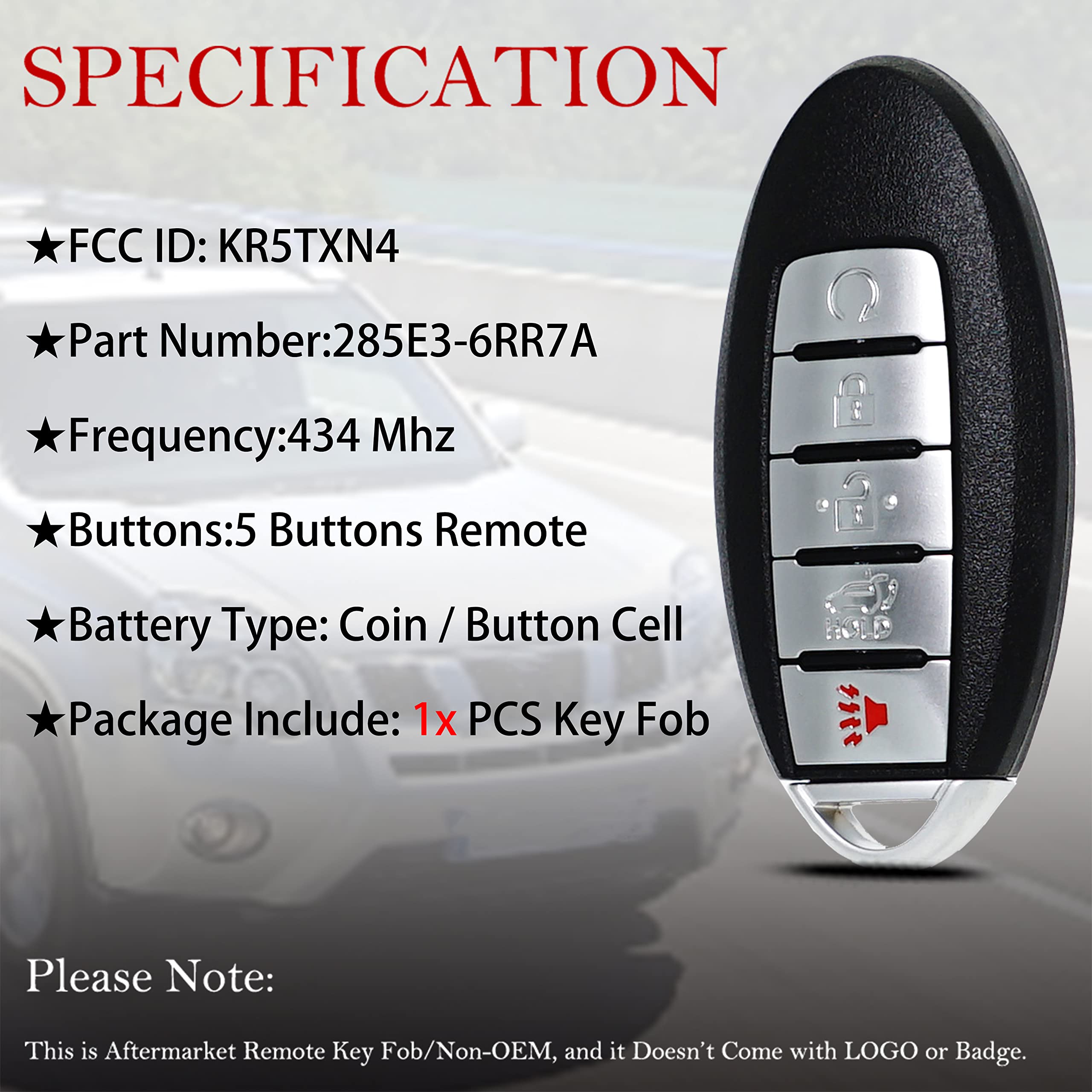Telecomando di ricambio per telecomando Nissan Rogue 2019-2021 KR5TXN4 Keyless Entry Telecomando 285E3-6RR7A