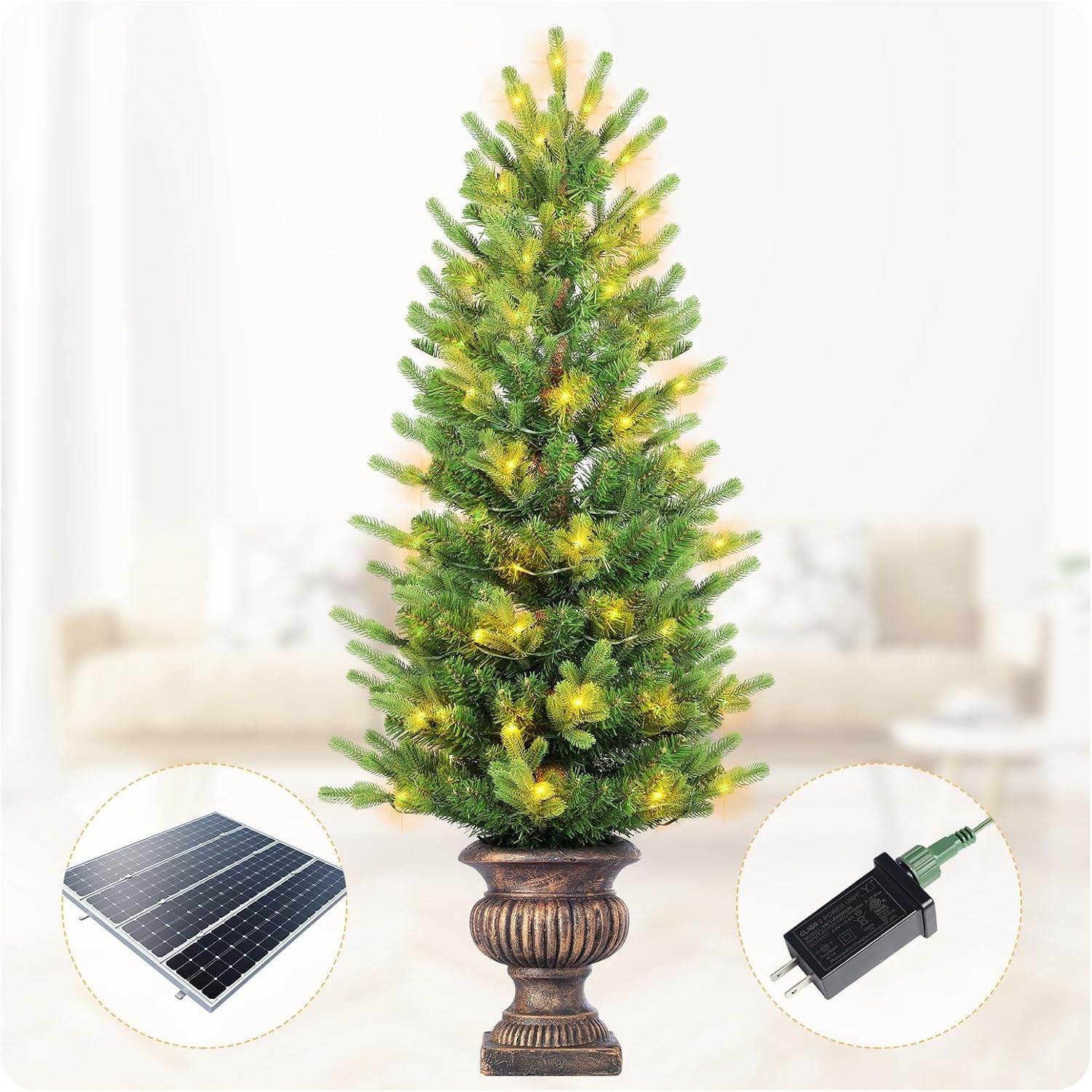 4ft prelit Outdoor Christmas Trees for Porch, Green Pine Branches and 100 LED Lights Small Pre-lit Potted Artificial Christmas Tree for Front Door Decorated (Solar Energy