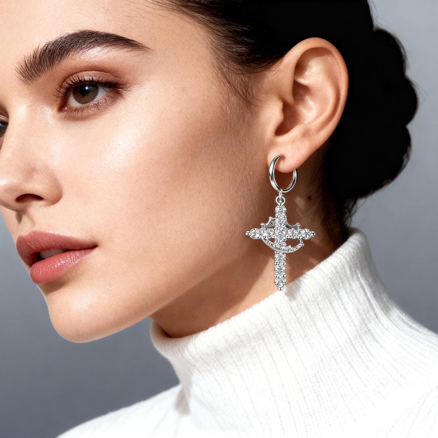 Cross Crown Earrings Crystal Cross Drop Hoop Earrings, White, Dangle Style, Religious Fashion Jewelry - Image 2