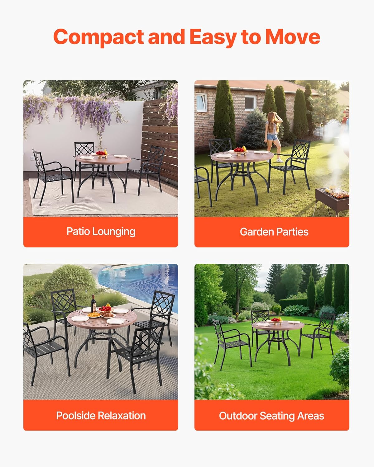 VEVOR Outdoor Patio Dining Table, 41 inch Round Wood-Like Steel Slat Backyard Bistro Coffee Tables for 4, with 1.5 in Umbrella Hole, Outside All-Weather Large Furniture for Lawn Garden Porch