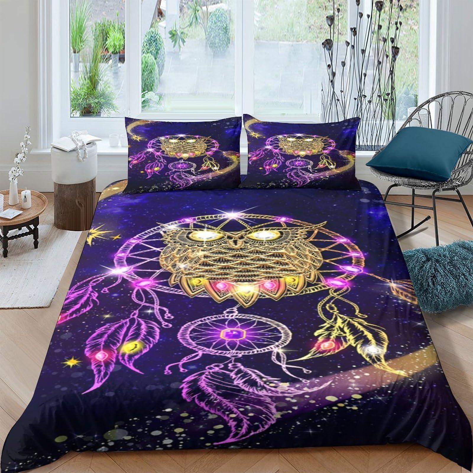 Ctjqhvkz Style-6 3D Printed Dreamcatcher Fitted Sheet Microfiber Purple Gold Owl Pattern Mattress Cover Bedroom Decor Single（135X200cm）