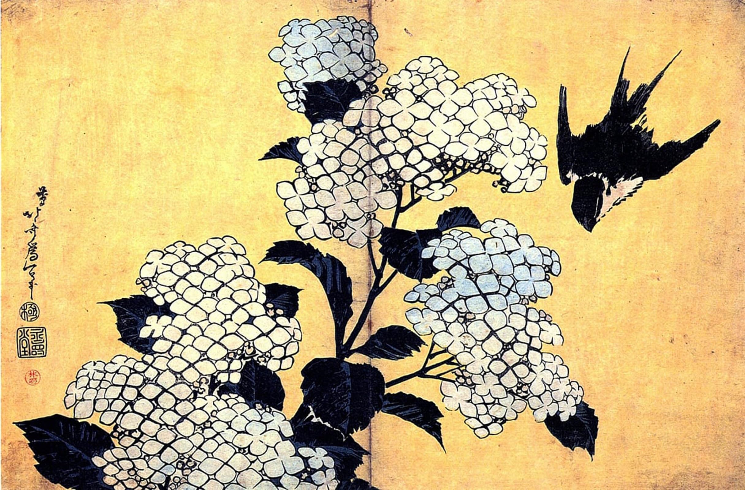 Artxlxxbn No Frame Famous Prints Artwork Pictures Poster Painting Art Hydrangea And Swallow By Katsushika Hokusai Artwork Landscape Pictures For Home Decor 60X90cm