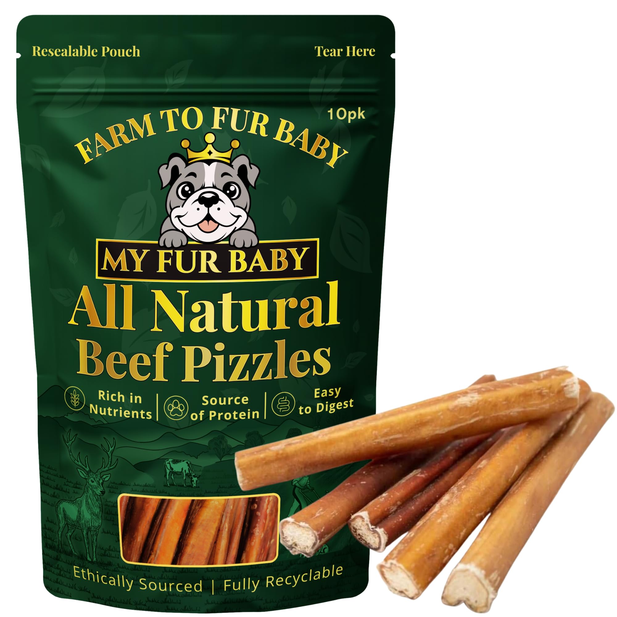 My Fur Baby 10 pack Natural Beef Pizzle Dog Chews | Air-Dried | Long-Lasting Single Ingredient Treat | High Protein | 100% Beef