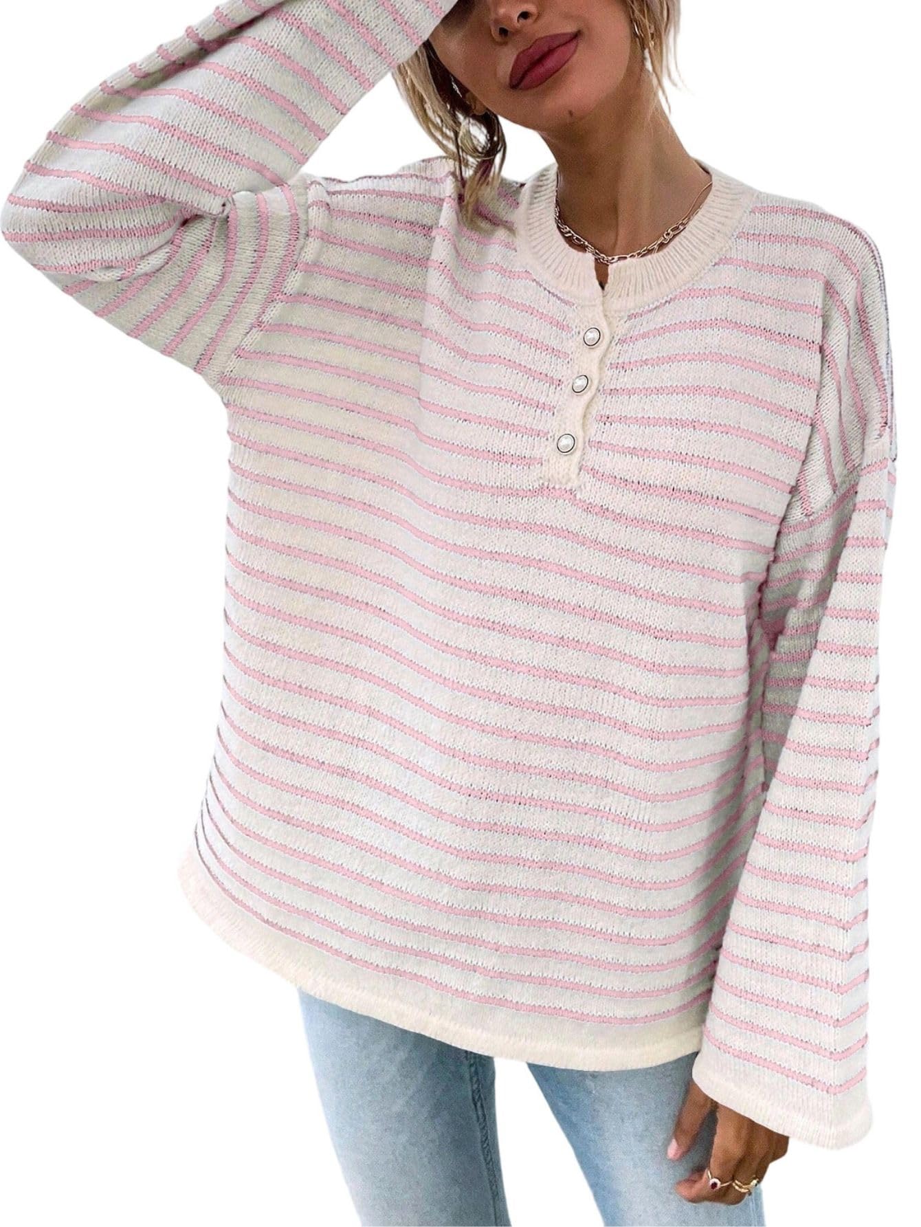 SHENHE Womens Oversized Striped Sweater Long Bell Sleeve Buttons Up Ribbed Knit Tops Fall Sweater