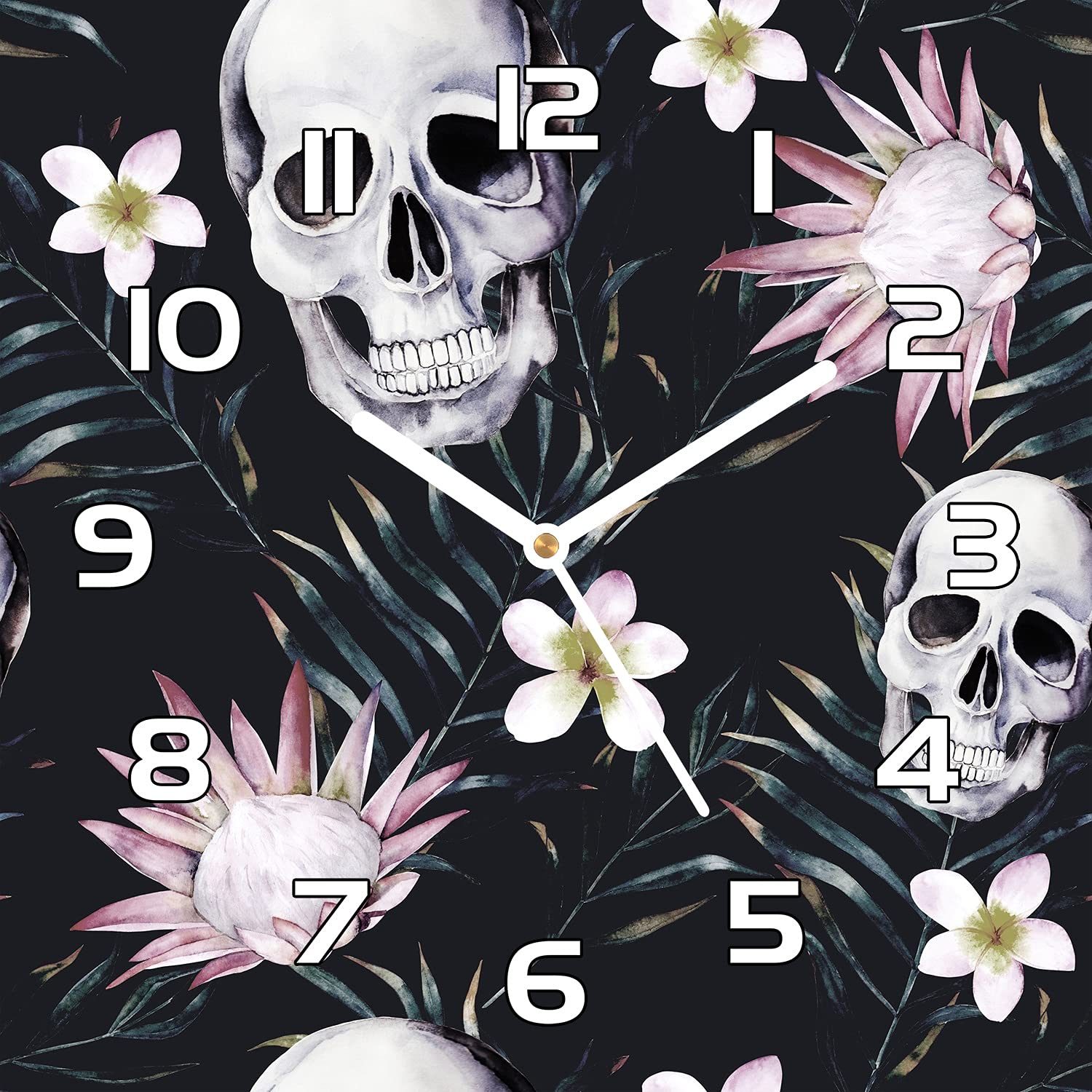 Horloge en verre de sécurité 30x30 cm Crânes Floraux haut de gamme