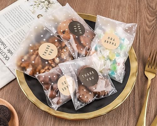 Miniatura 6 de Paquete de 100 bolsas de galletas autoadhesivas de celofán, bolsas de dulces de agradecimiento para regalar con calcomanías (lunares blancos, 4 x 4