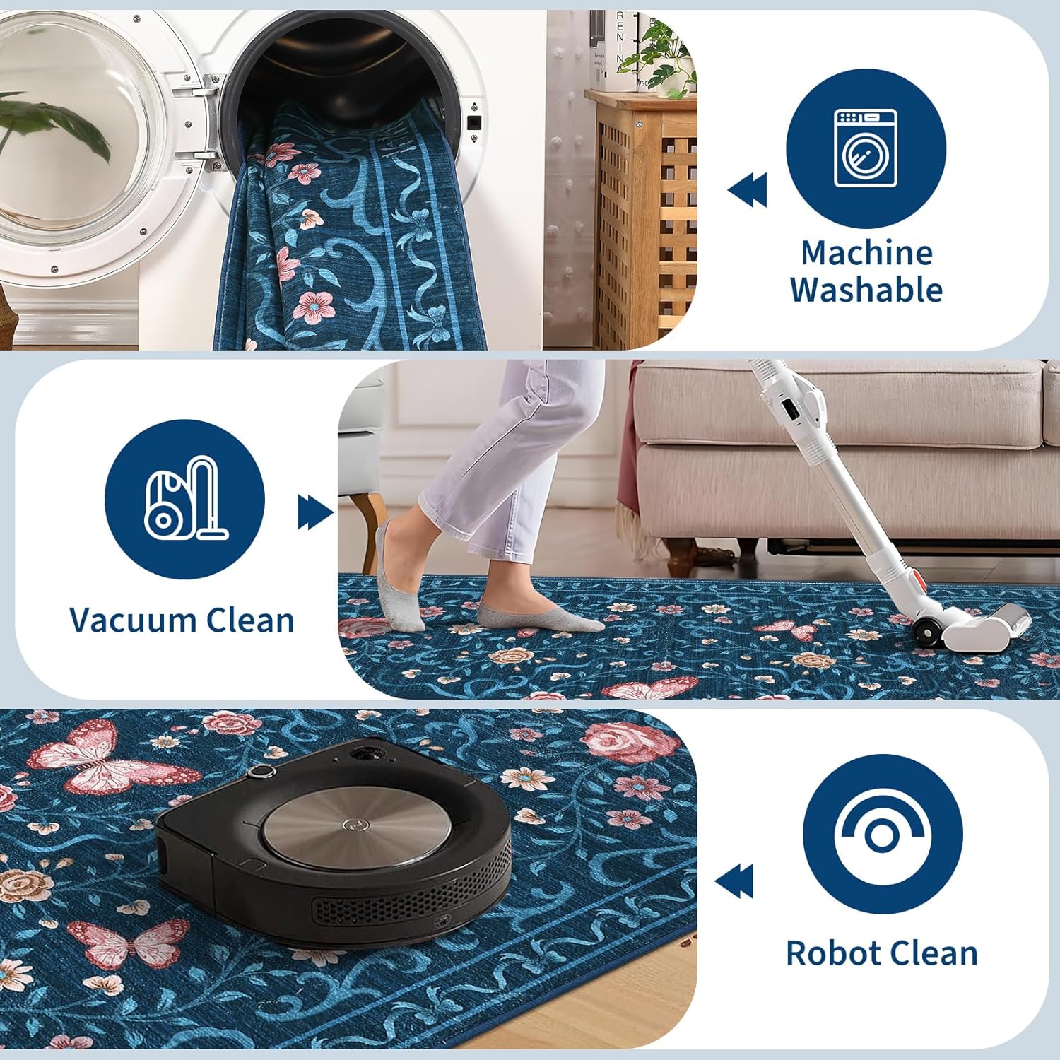 GarveeHome Washable Runner Rug 2x6 Non Slip Hallway Runners Stain Resistant Low Pile Floral Runner Rugs for Kitchen Soft Long Entryway Runner Rugs Blue Boho Throw Carpet for Bedroom Nursery, 2x6