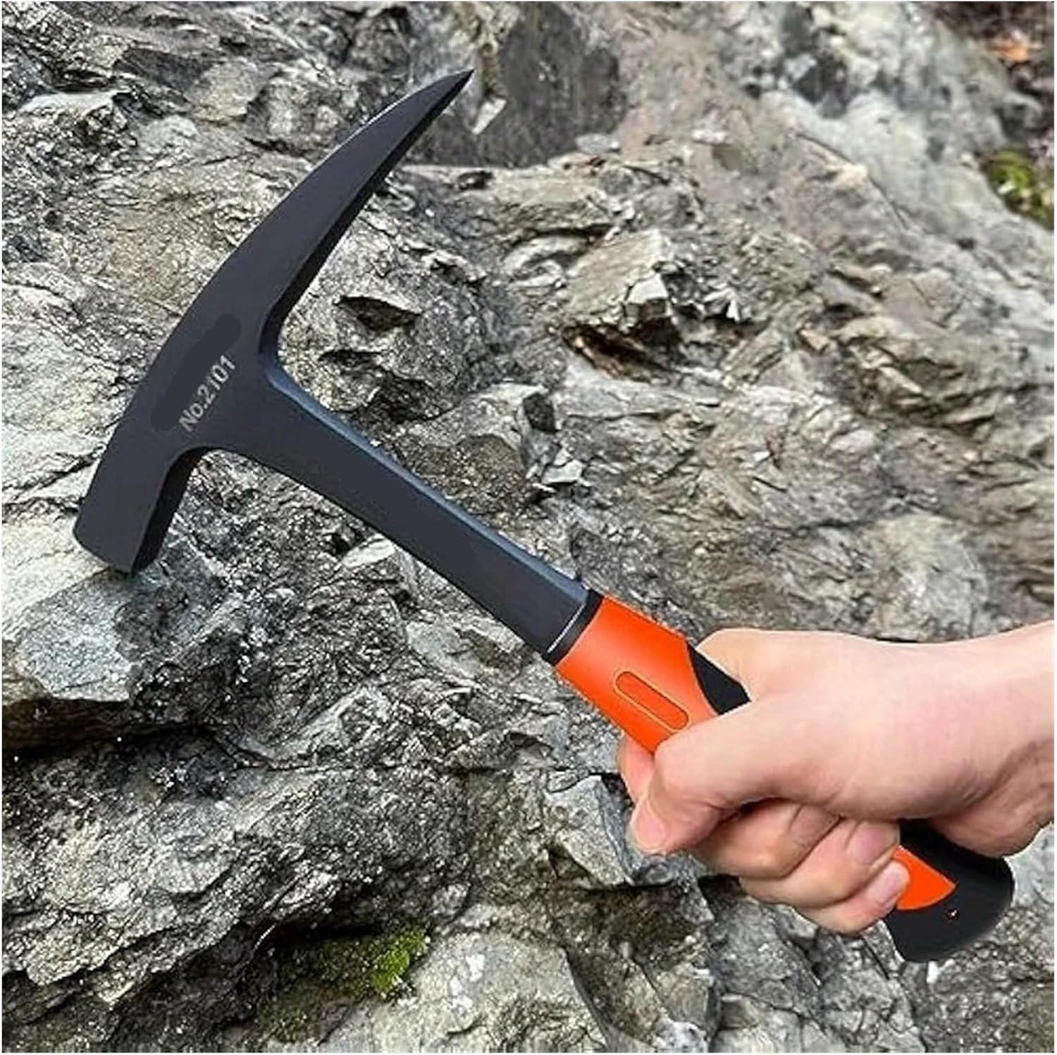 28-oz Carbon Steel Geological Hammer. Pointed Tip, Black Head, Orange Grip. for Masonry, Mining, Construction.