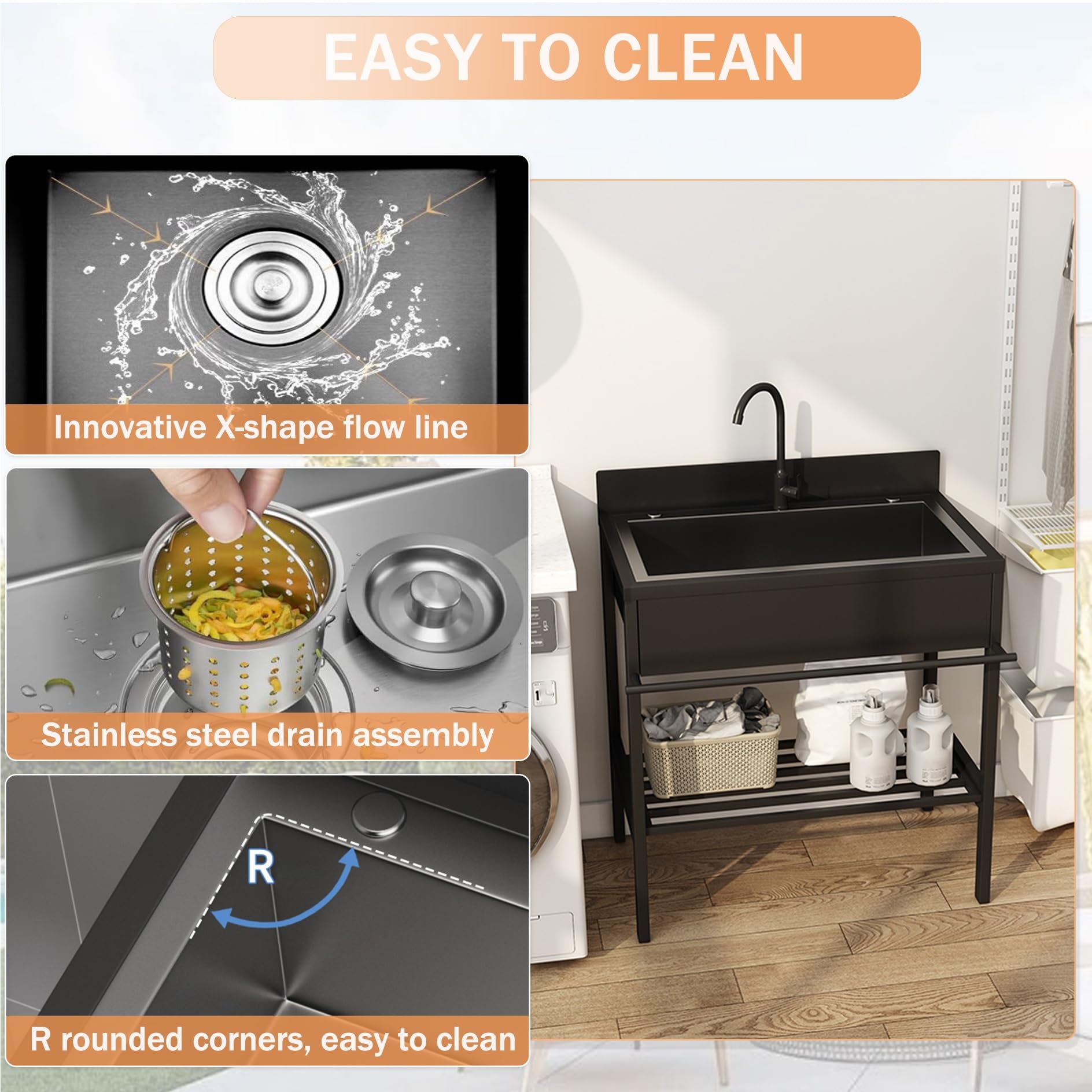 Lavandino da Esterno con Rubinetto,Lavello Cucina 1 Vasca in Acciaio Inox con Mobile,Lavabo da Giardino Autoportante,Lavelli Commerciale con Kit di Troppo Pieno,per Ristorante,Garage,Interno(96x51x94c