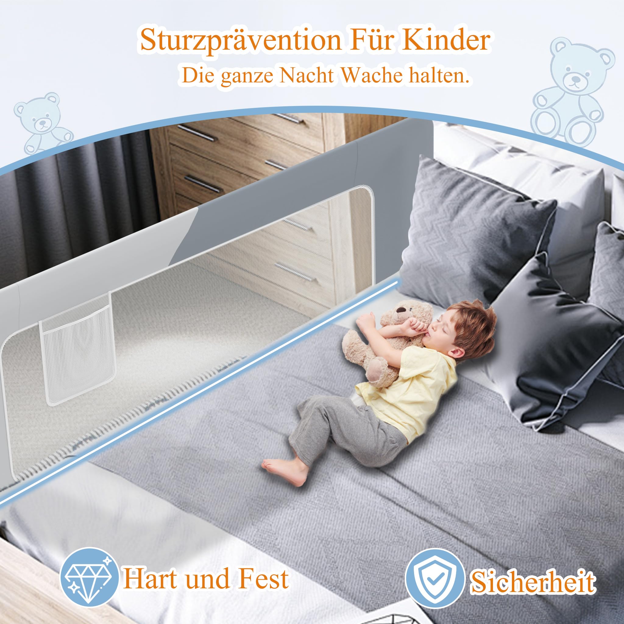 YUENFONG Barrera de cama de 200 cm, protección anticaídas para niños, altura regulable de 72 a 96 cm, plegable, color gris oscuro y gris claro