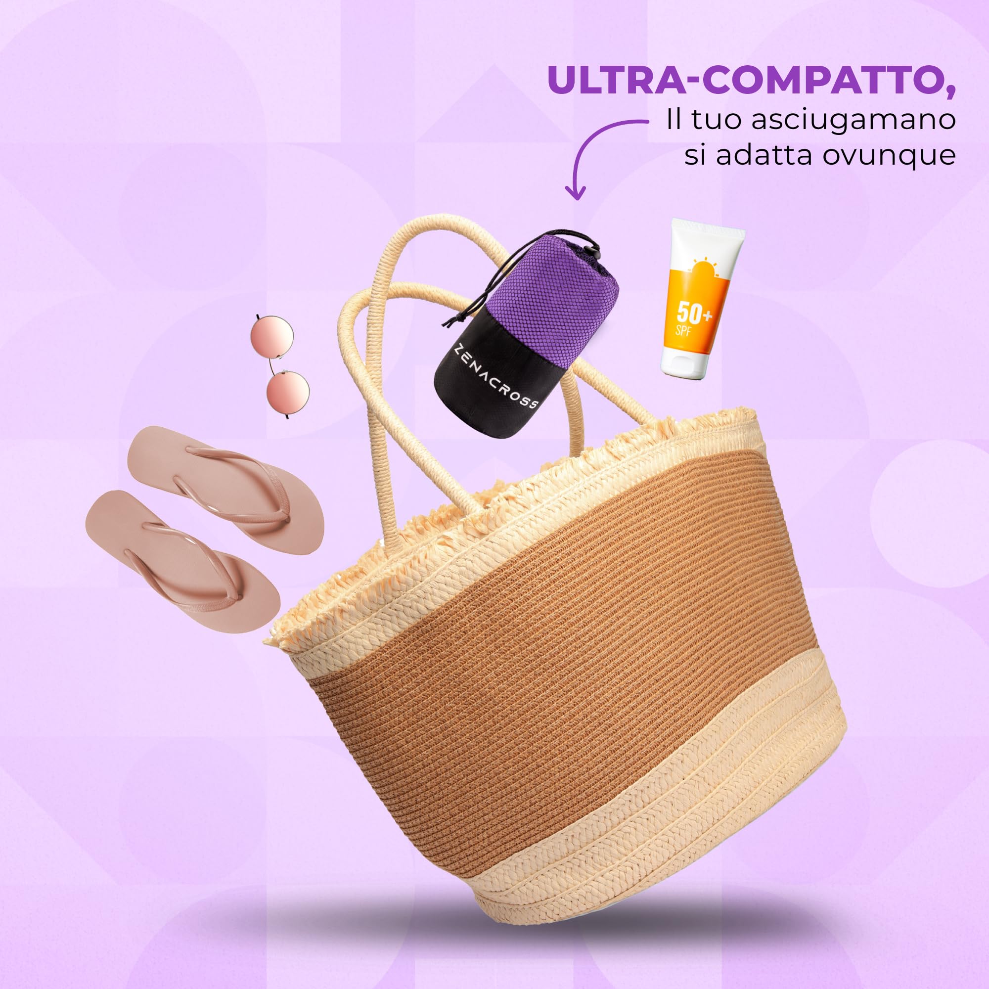 Zenacross Asciugamano Palestra con Borsa per il Trasporto - Asciugamano Microfibra a Rapida Asciugatura e Versatile - Telo Palestra Taglie XL - 180 x 90 cm - Viola