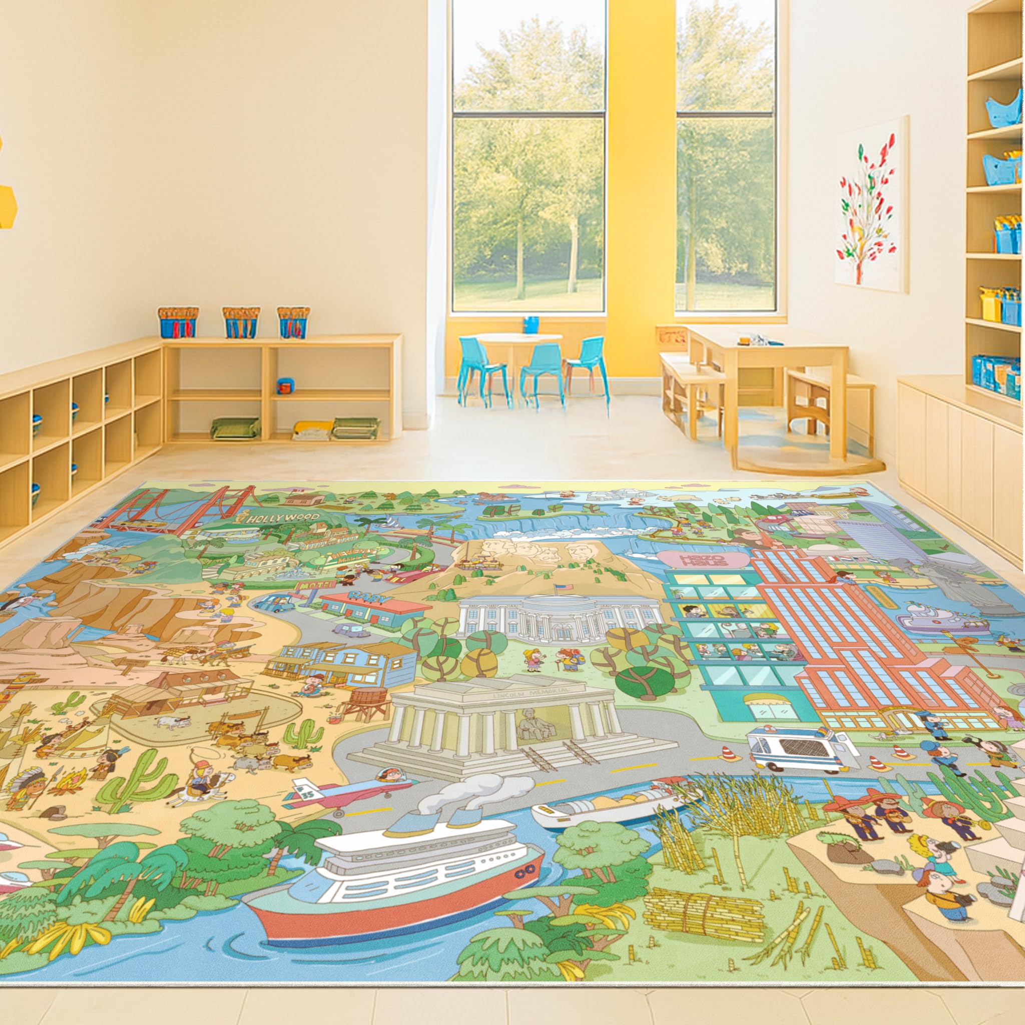 Large Kids Area Rug 6x9 – Interactive North America Map Carpet with States, Animals &amp; Famous Landmarks – Soft Non-Slip Learning Area Rug for Kindergarten, School, or Bedroom Décor