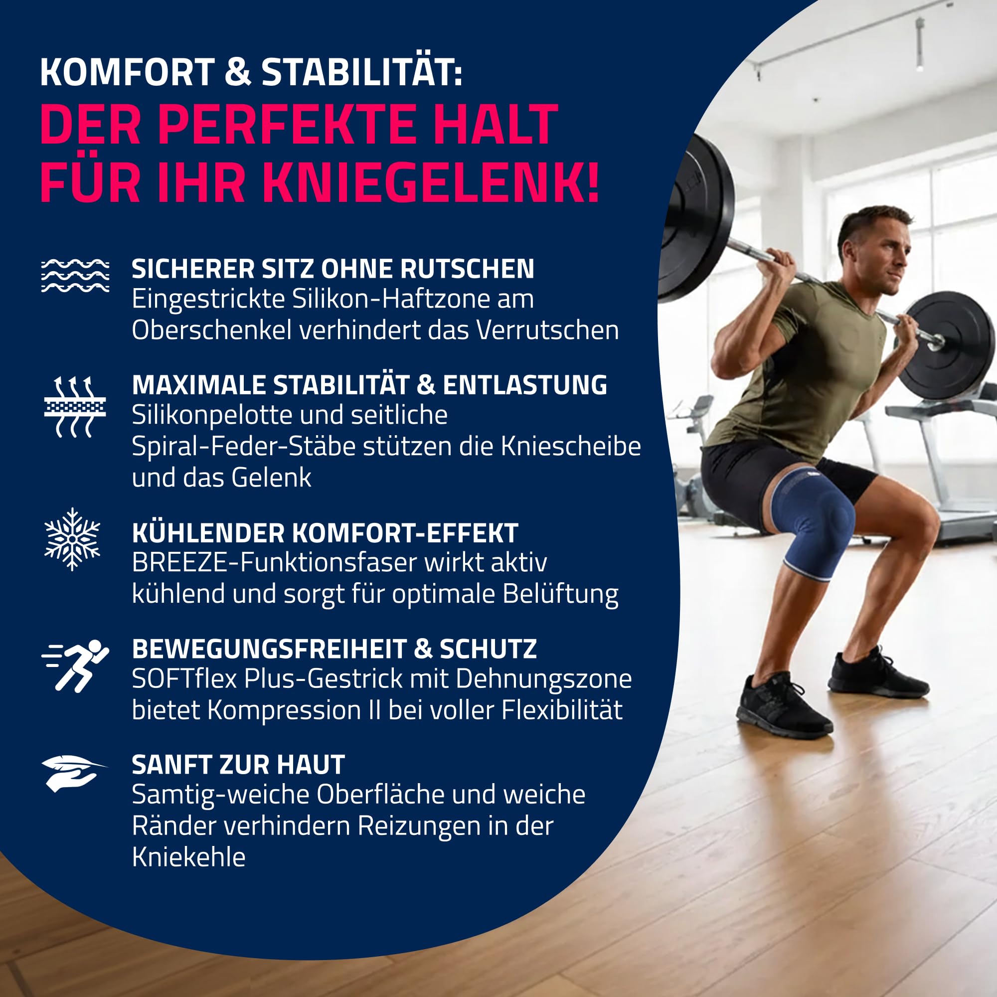 Seeger Kniebandage Komfort – Kompressionsbandage zur Stabilisierung & Schmerzlinderung bei Knieproblemen – mit Silikonpelotte & Spiralstäben – für Männer & Frauen, Sport & Alltag (Blau, 6)