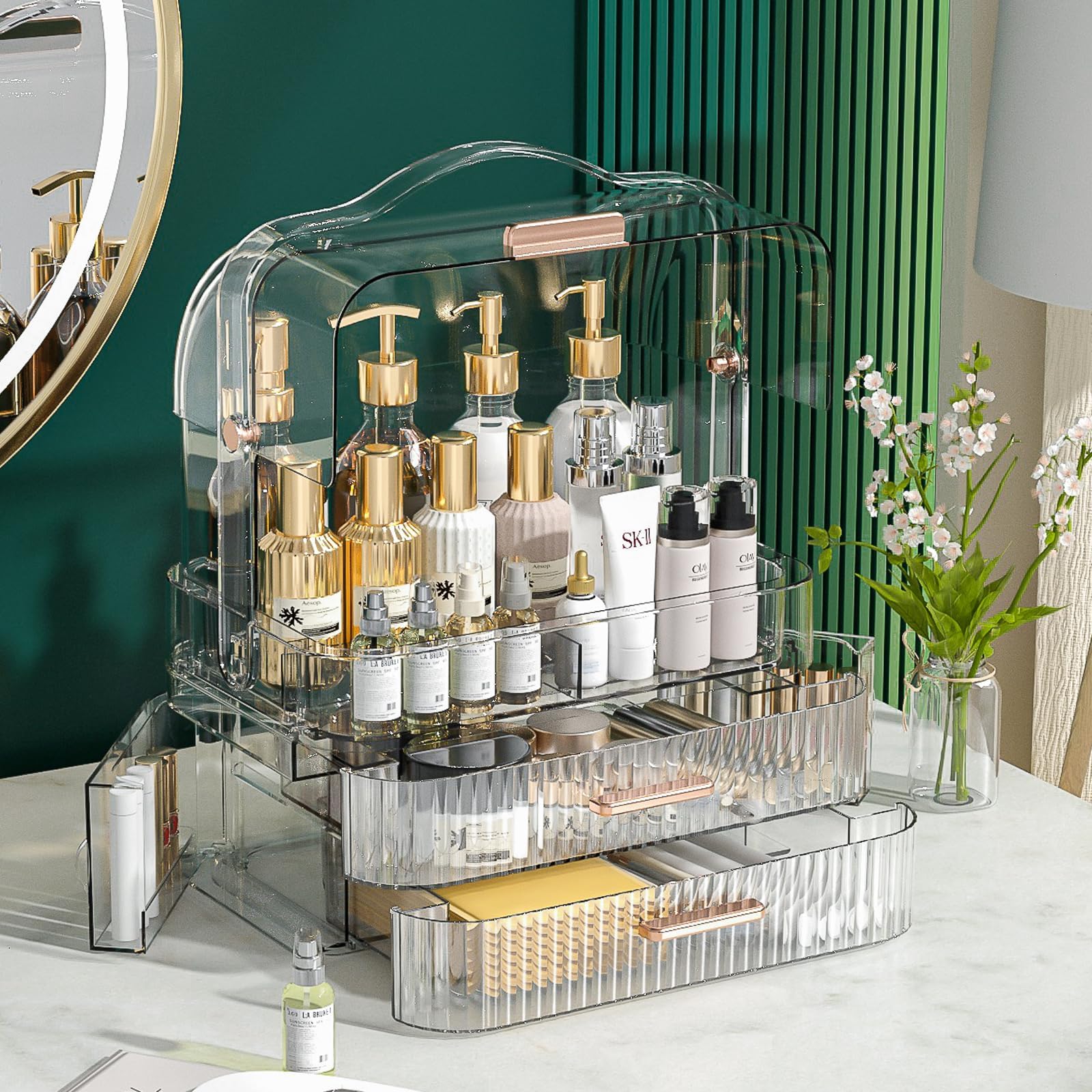 Photo 1 of Greentainer Makeup Storage Organizer with Portable Handle,Cosmetics Storage Box for Vanity,Make up Organizers with Lid & Drawers