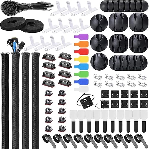 Kit de organización de cables de 193 piezas, 4 fundas para cables, 57 clips autoadhesivos, 12 tiras para colgar, 12 correas organizadoras de cables