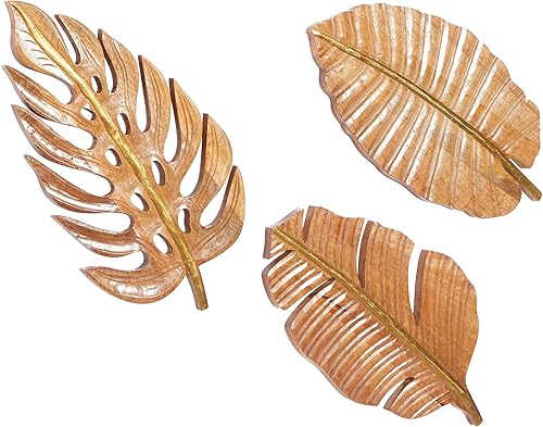 Deco 79 Decoración de pared tallada hecha a mano con hojas de madera de mango, juego de 3 24 pulgadas de ancho, 12 pulgadas de alto, marrón