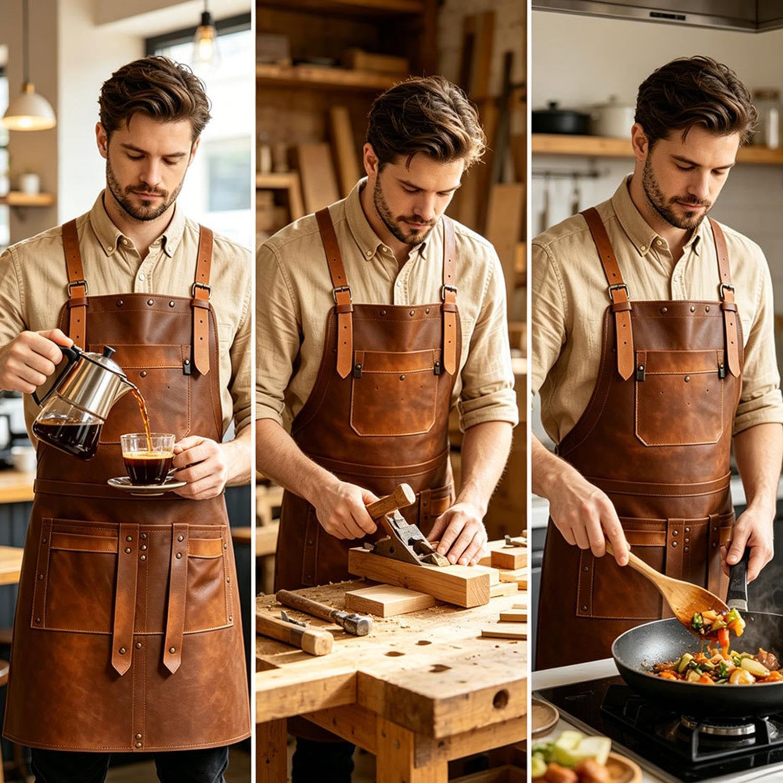 Delantal En Cuero Para Soldar con múltiples bolsillos, tirantes ajustables | Delantal para Soldadura en Piel para barbacoa, repostería, manualidades, chefs caseros y maestros de