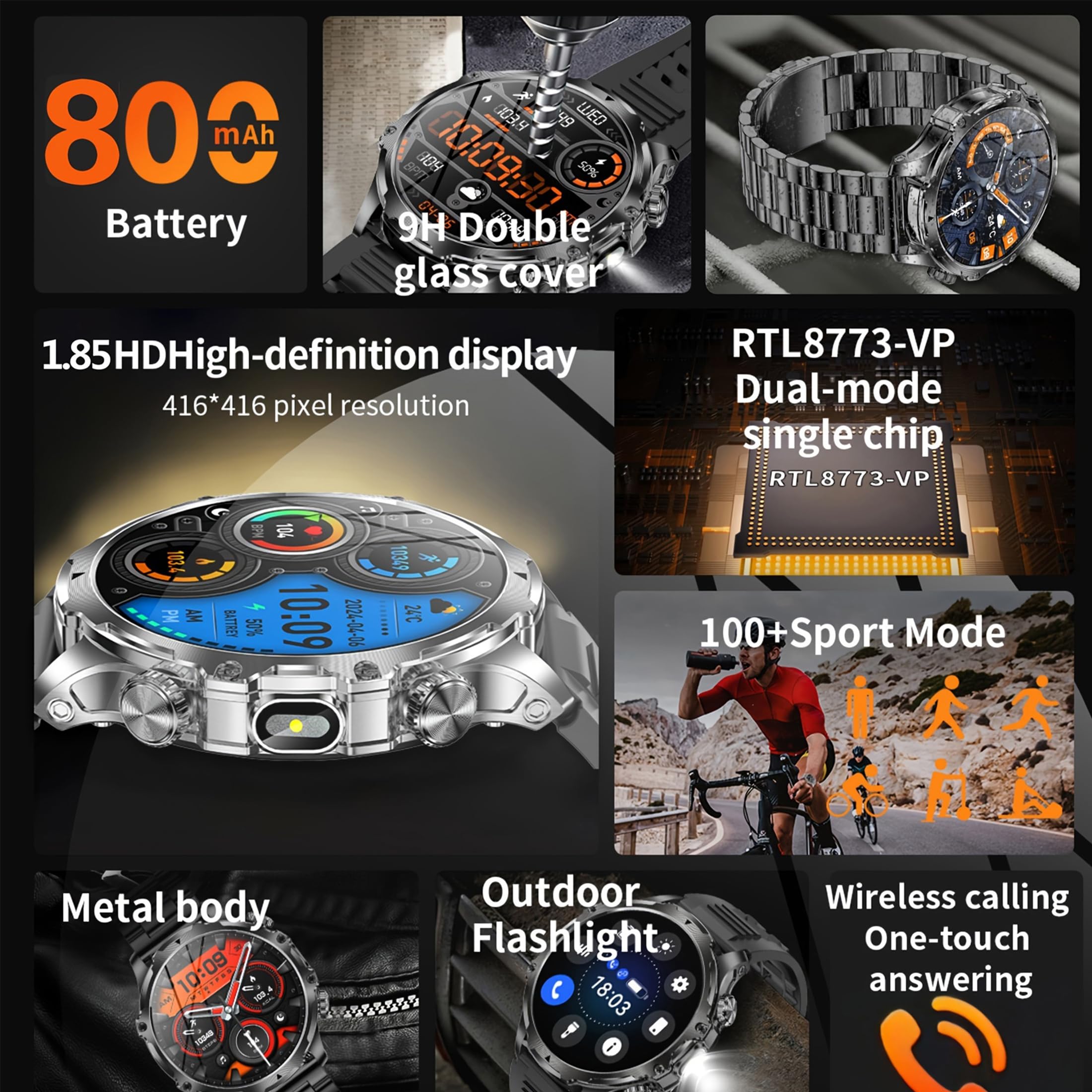 Reloj inteligente AMOLED de 1,85 pulgadas para hombre con función de teléfono, batería de 800 mAh, linterna, reloj inteligente de 5 ATM, rastreador de actividad con 123 modos deportivos