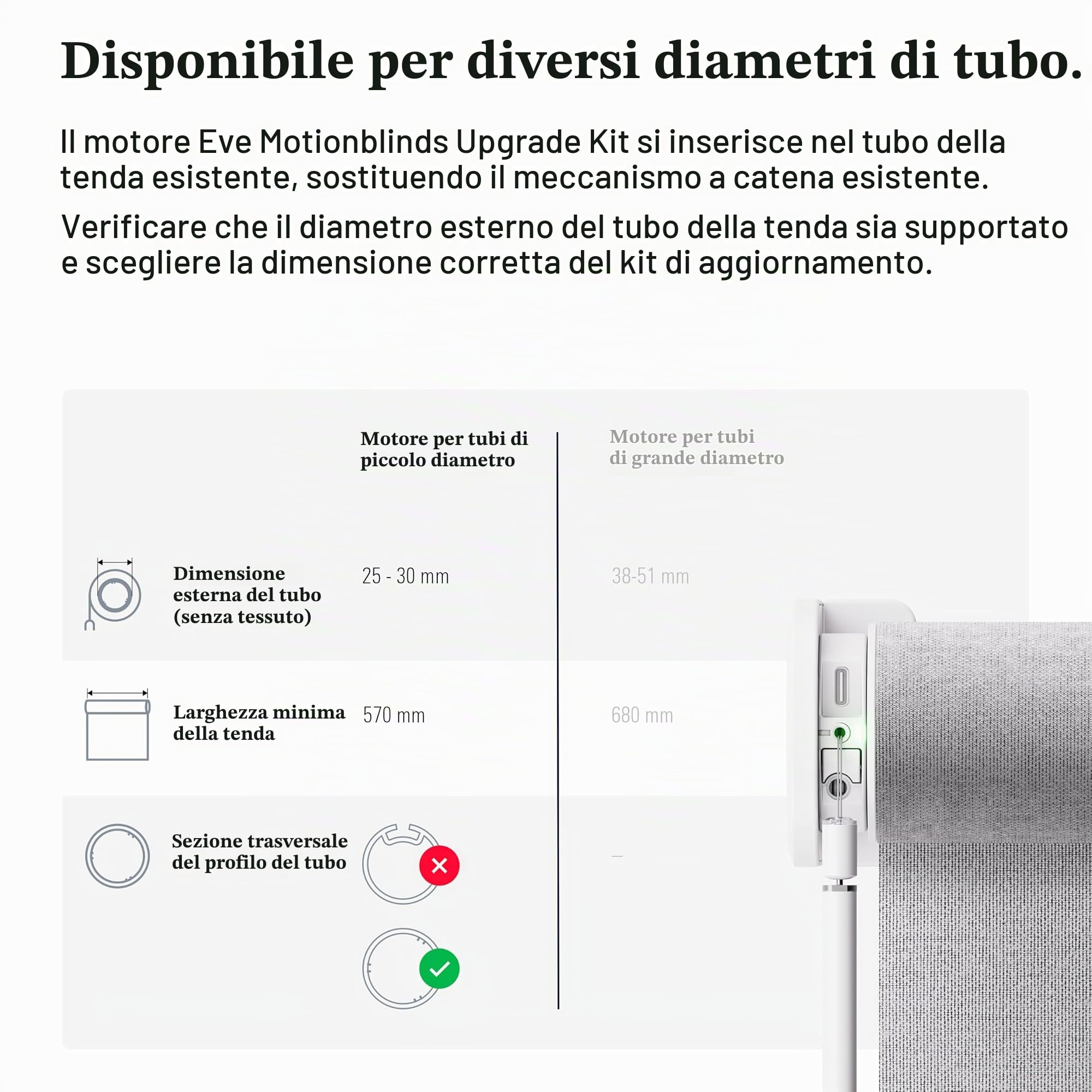 Kit di motorizzazione per tende avvolgibili Eve Motionblinds (Matter) per tubi di piccolo diametro; attrezza le tende esistenti; richiede Thread Border Router;voce/app/controllo automatizzato