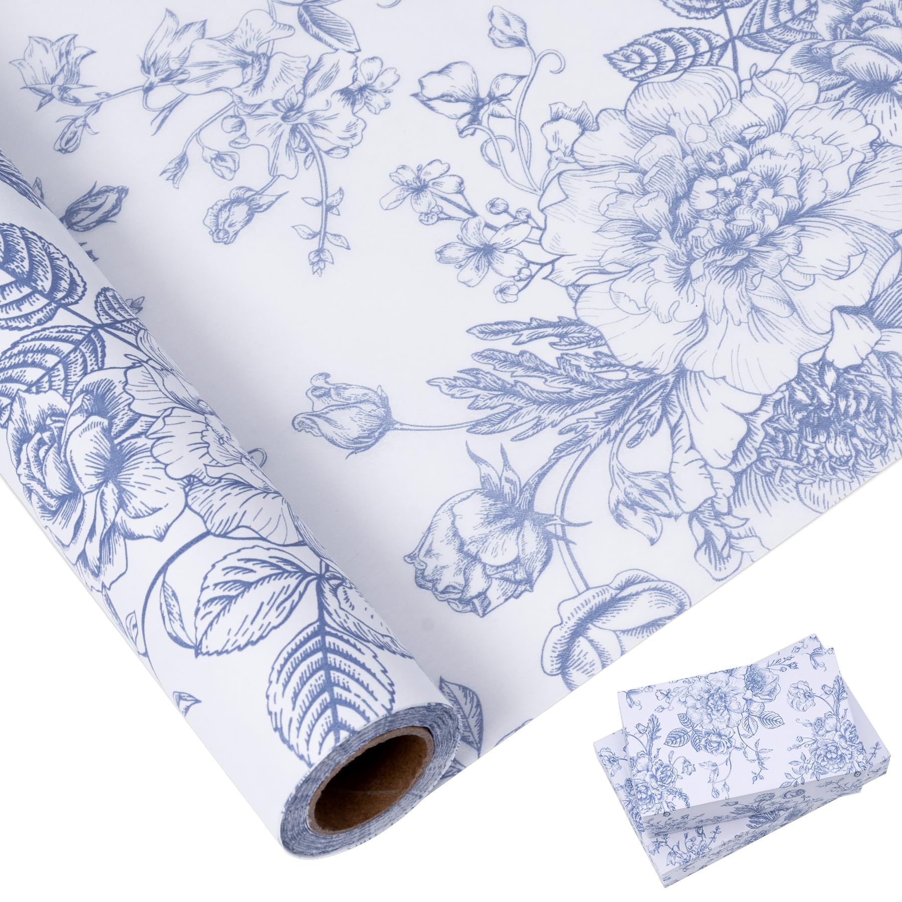 Larcenciel Floral Tissue Paper Roll 10m×43cm, Blue White Tissue Paper for Wrapping Gifts & Gift Bags, Vintage Bouquet Gift Wrapping Paper, Flower Matte Art Gift Wrap for Birthday Wedding Anniversarie