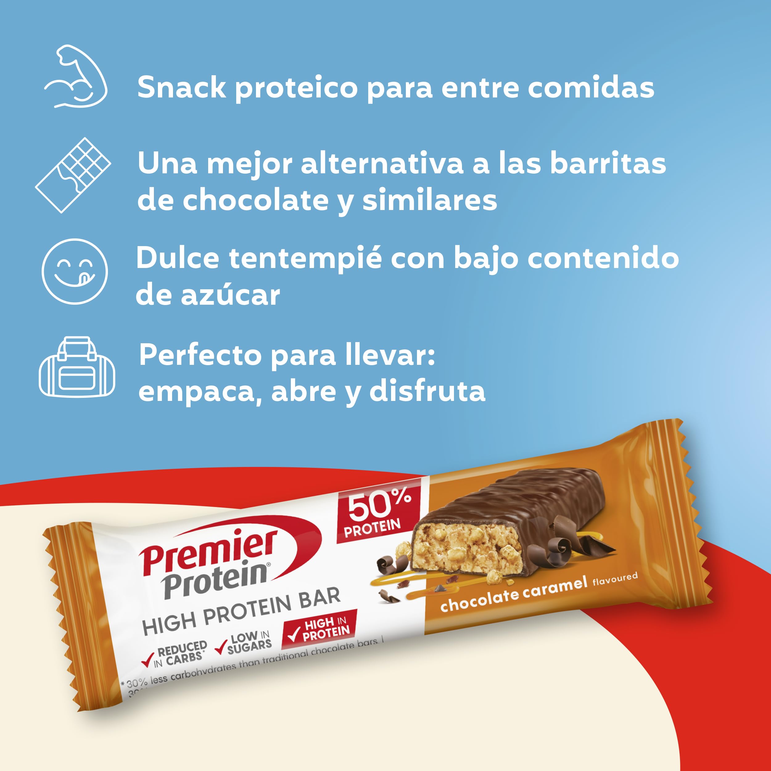 Premier Protein - High Protein Bar 50% - Chocolate Caramel - 16x40g - bajo en azúcar – baja en carbohidratos – sin aceite de palma